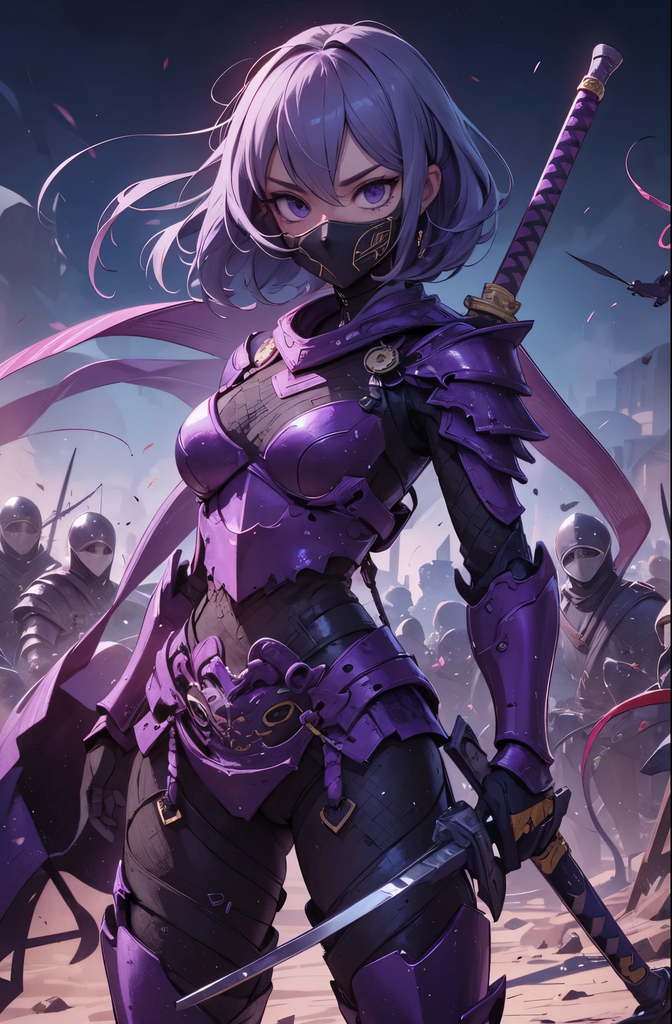 (Detailed illustrations,Very detailed and detailed drawing,Delicate lines with slow and rapid,Realistic texture expression),[Color tressed main line],(Fantasy World Battlefield Background [Burning castle]),(GIRL ROBOT 16yo (purple scorpion[METALFACE]) (SKINNY)) [WEAPON MACHINE],((NINJA Sengoku Armor))[stall],[[poisonous scorpion pattern]],[Use a ninja sword as a weapon],[[Mobile Weapon Gigant Size][Science Fiction Mechanical]],[Clear purple translucent shell that covers the body surface],(Intricate and beautiful decoration [Dense detail]),[transparency],(Precisely drawn face)[完璧な目のdetailed(Iris beautifully drawn in every detail)[Jewel-like eyes]],[long and beautiful eyelashes],[Meticulously drawn hair [美しく艷やかな髪のdetailed]],(完璧な手のdetailed [Beautiful fingers without breakdowns [Beautiful nails]]),(Perfect Anatomy(Perfectly proportioned))[[full body portrait]],[Ideal color coordination(Accurate simulation of light-material interactions)],([Precision Detail](detailed,High definition)),[Visual art that conveys a sense of narrative].