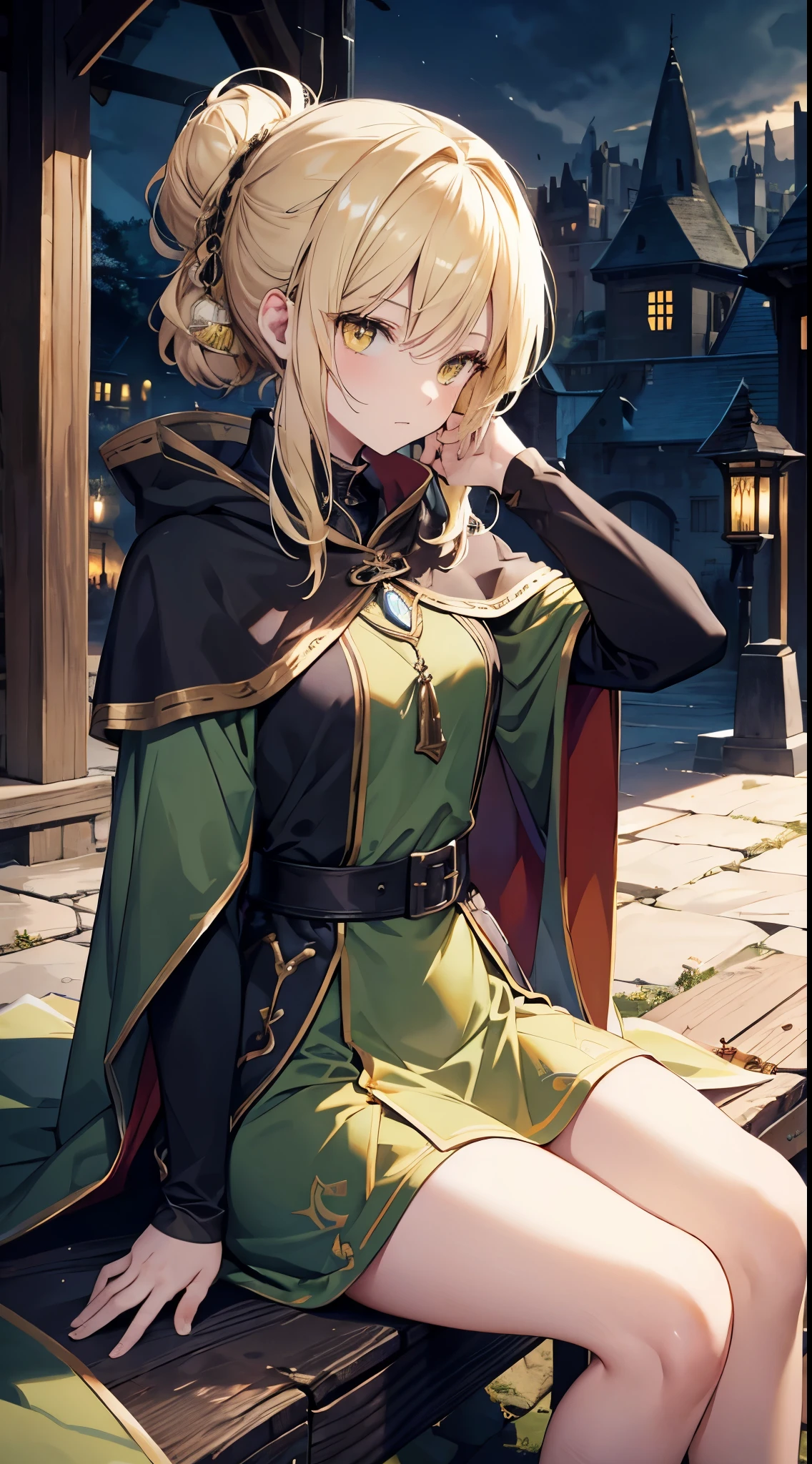 [masterpiece, ultra-detailed, best quality, soft skin, beautiful] blonde hair, yellow eyes, green adventurer cloak, hairpin, medium hair, hair-up, fit body, dynamic angle, sitting down, medieval inn background, hardened expression, nightfall. 