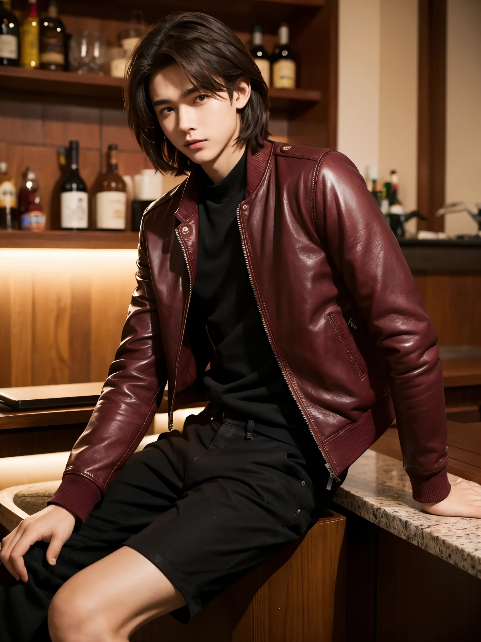 boy, 17 y.o, comma hair, (maroon) leather jacket, front bar