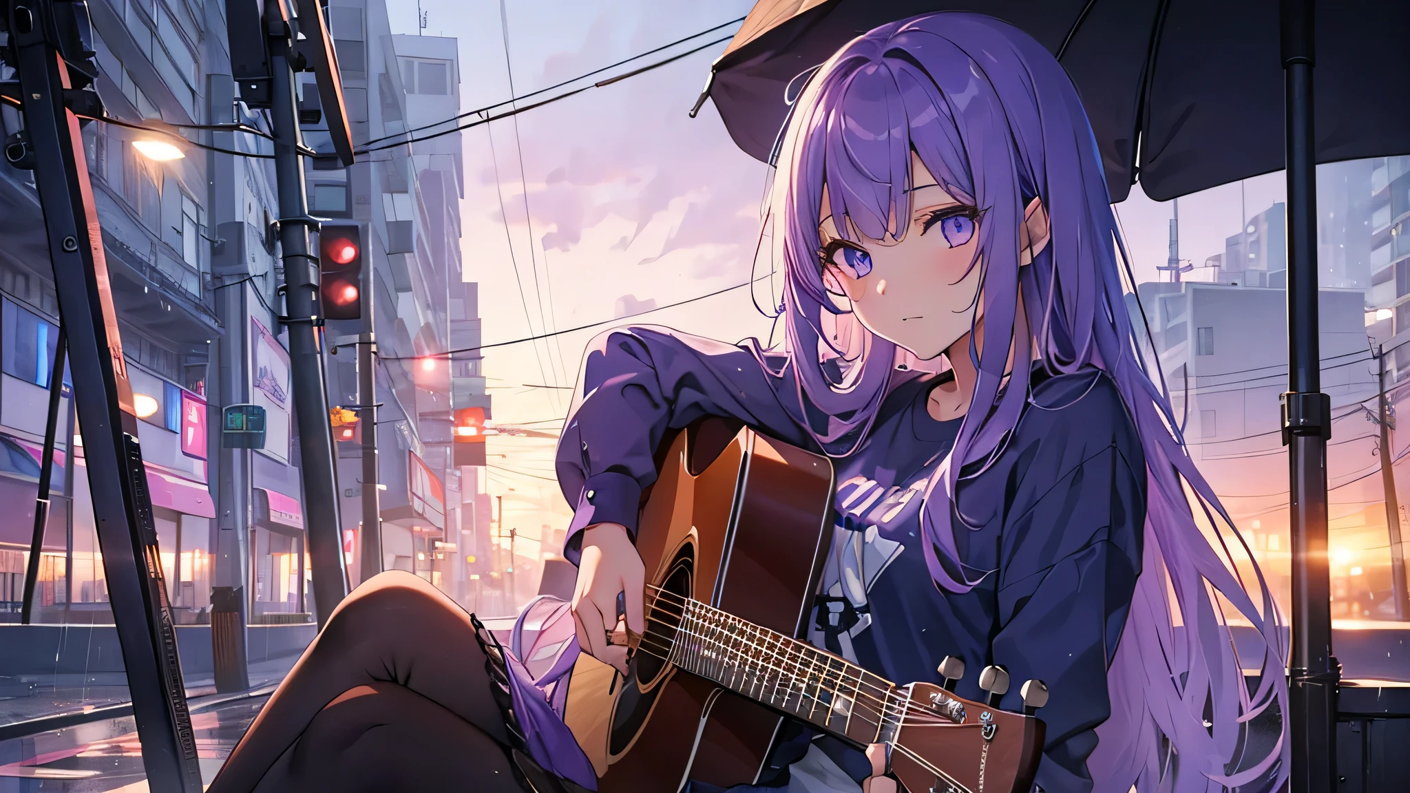 1 girl, purple blue hari, purple bright ayes, long hair, casual glory shirt, with a bangs, playing gitar, under the rain and sit on a chair in the middle of an empty city when sunset comes, beauty faces