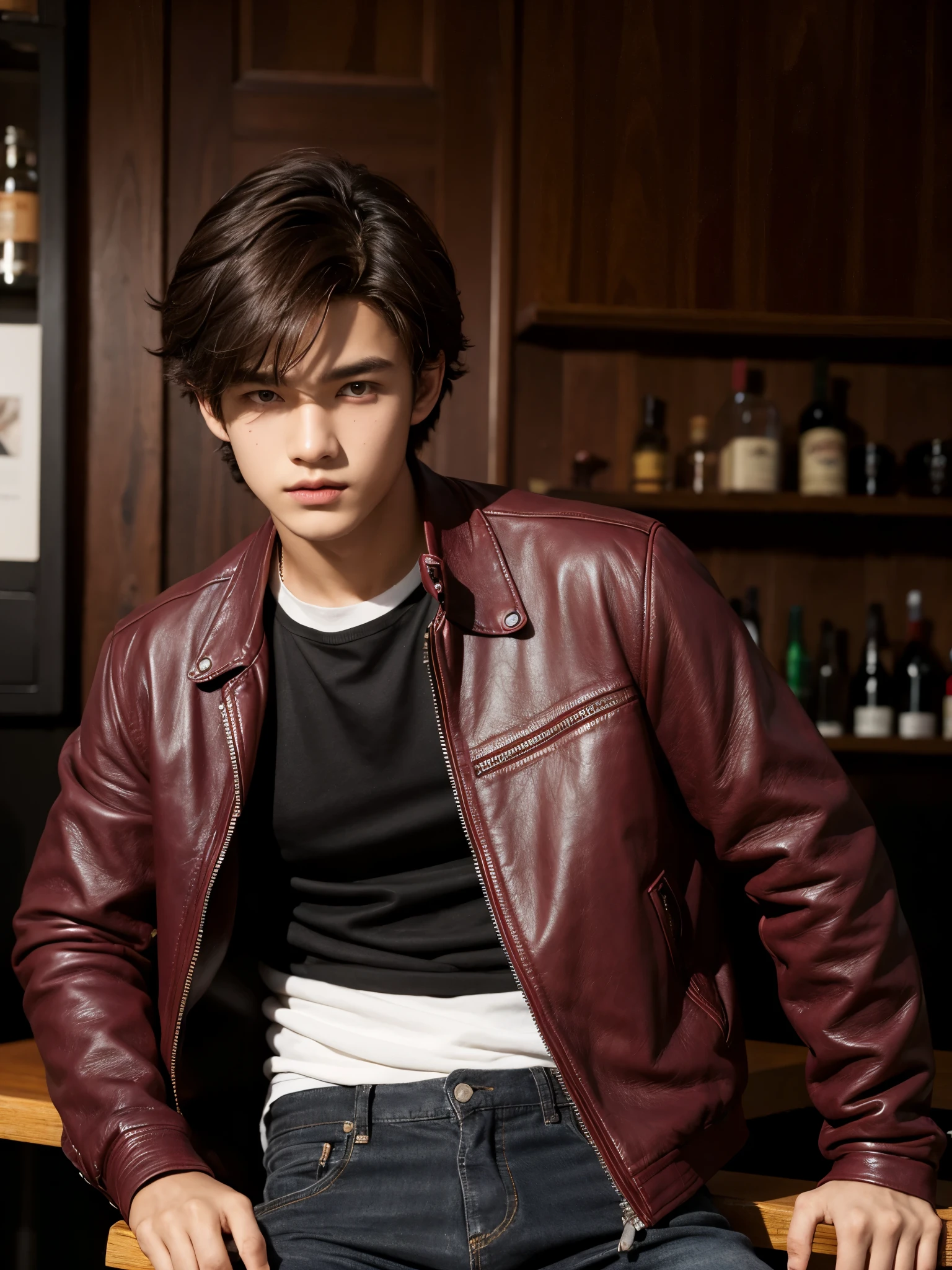 boy, 17 y.o, comma hair, (maroon) leather jacket, front bar