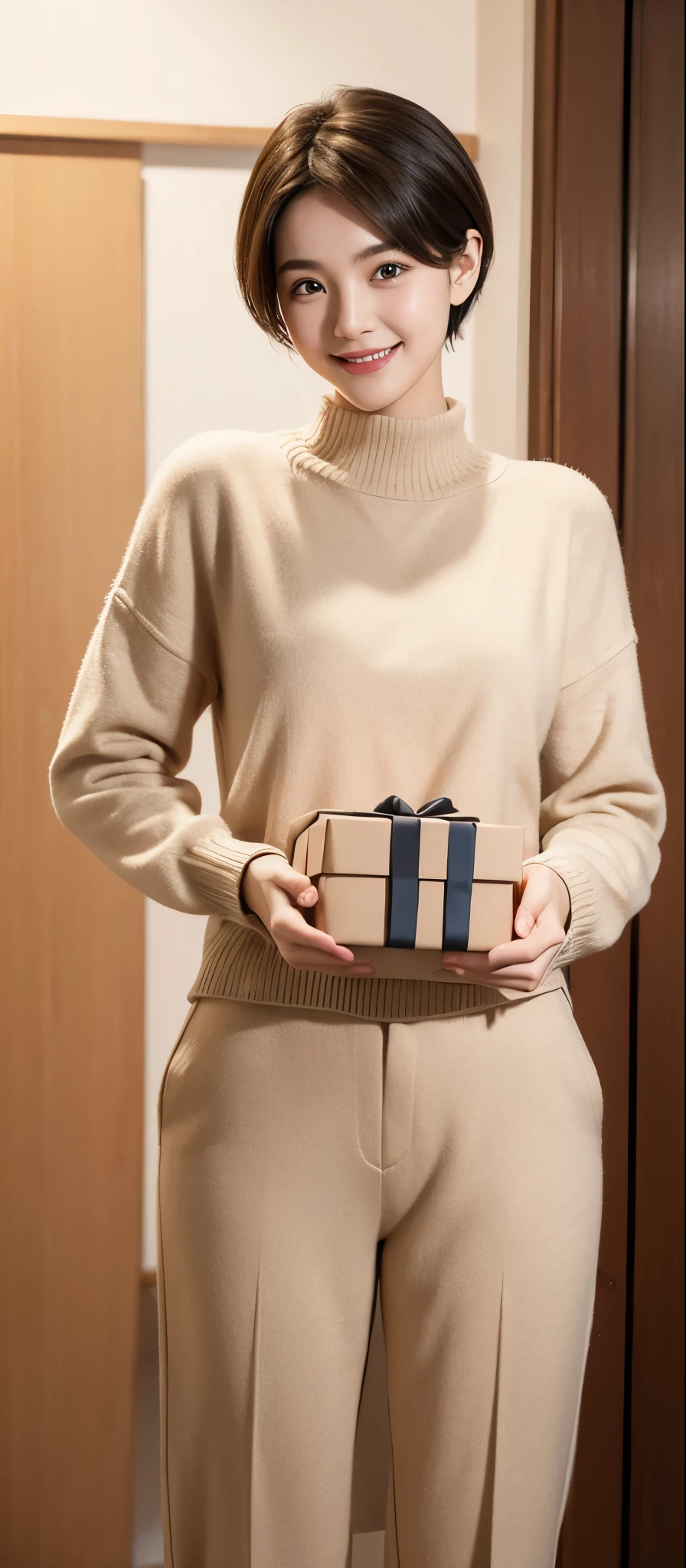 A gentle and lovely girl，Short hair details，Smile，front，sweater，long trouserust，Standing posture，facing the camera，Holding big gift box，Photography，high quality，