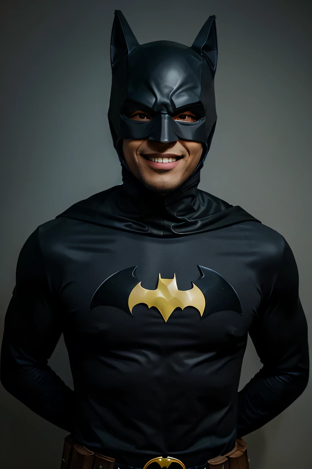 half body smilling twitch emote of a black bold man wearing a robin suit and batman mask