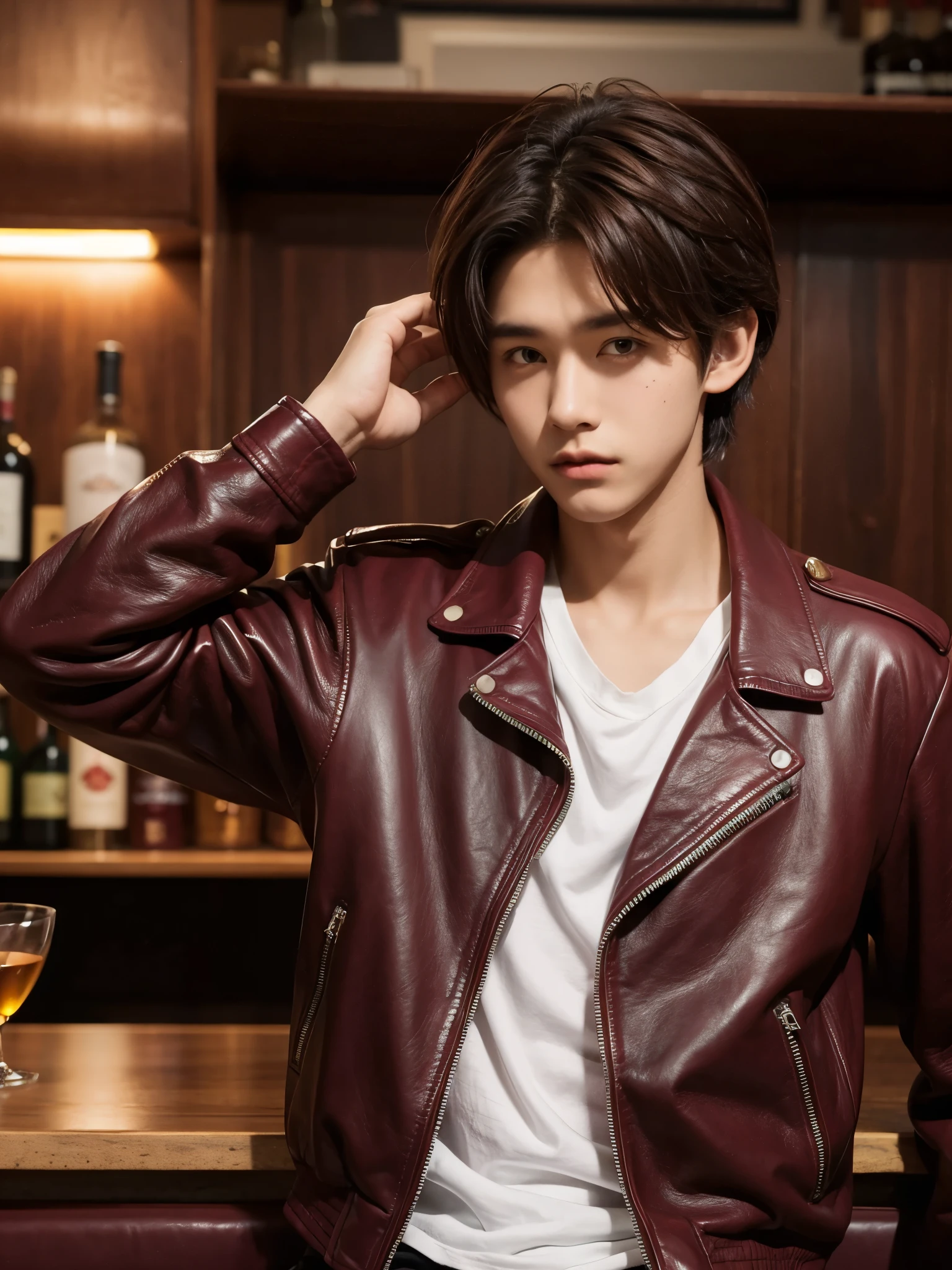 boy, 17 y.o, comma hair, (maroon) leather jacket, front bar