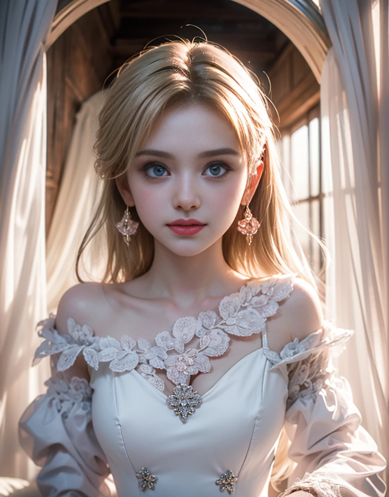 masterpiece,Highest image quality,Super detailest quality ,extremely delicate and beautiful, Very detailed,best quality, official art, Extremely detailed CG unified 8k wallpaper, portrait photo, The most beautiful look,Blonde hair, blue eyes,Radiant skin and radiant eyes, beautiful skin,(detailed lighting:1.2), (Beautiful and detailed light:1.3), deep understanding, beautiful nude color, complex, digital painting, Smooth, sharp focus, end of the world, epic reality,looking at camera, (high dynamic range:1.4),face camera, (pastel colors:1.4), beautiful big breasts,end of the world的, give up, neutral color, night, screen space refraction, (intricate details, Super detailed:1.3), art station, movie shot, vignette, complex background, buliding,charming smile,Blushed,Shy,detailed background,(Various colors of dream catcher earrings missing color,Color is black,White,pink,Purple,red,blue,orange color,green,blue,,),sexy and sultry,(exposed,camel toe,comb neatly,),The sexiest look,Crystal Pink Diamond Venetian Sunset Rose Transparent Dress,Ultra thin,translucent,lace,hollowed out,(Off-the-shoulder, wide-cut crystal pink diamond transparent hollow wedding dress:1.6), pink大开胸lace镂空婚纱,red大开胸lace镂空婚纱,