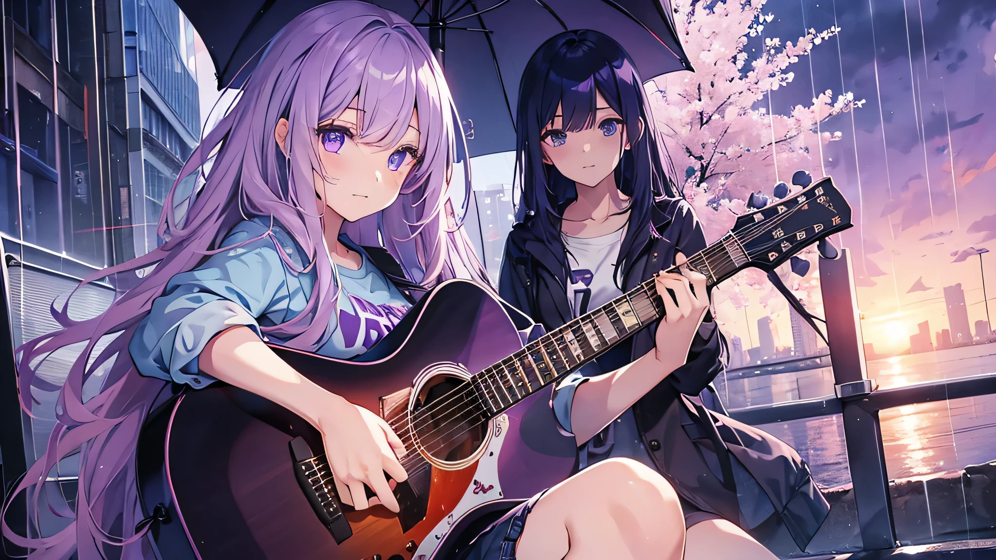 1 girl, purple blue hari, purple bright ayes, long hair, casual glory shirt, with a bangs, playing gitar, under the rain and sit on a chair in the middle of an empty city when sunset comes, beauty faces