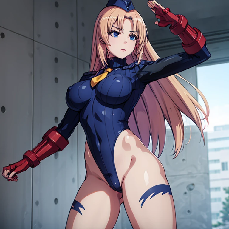 ultra-detailed, Explicit, Beautiful body, Beautiful Nose, Beautiful character design, perfect eyes, perfect face, ultra highres, 4K, beautiful legs, perfect legs, Nice hands, Perfect hand, Masterpiece, Best Quality, Highly detailed, illustration, absurdres, street fighter, doll suit, shadaloo doll, dollsuit, expressionless, blank eyes, looking at viewer, red gloves, emotionless, black latex, corrution, mind control, female combatant, full body, hypnotized, unhappy trance, full body suit, ribbed bodysuit, both arms at side, obey, perfect female body, extremely glossy latex, hypnosis, hypnoLora, empty eyes, Mind control device, poses, submissive_pose, Slave, hat, necktie, standing, standing up straight, Standing at attention, hat, yellow necktie, belt, latex, ribbed bodysuit, thighhighs, garter belt, Fighting Stance, extending the right arm from the shoulder into the air with a straightened hand, military, thigh boots, solo, Classroom of the Elite, Ichinose Honami, pink blonde hair, blue eyes, long hair, large breast