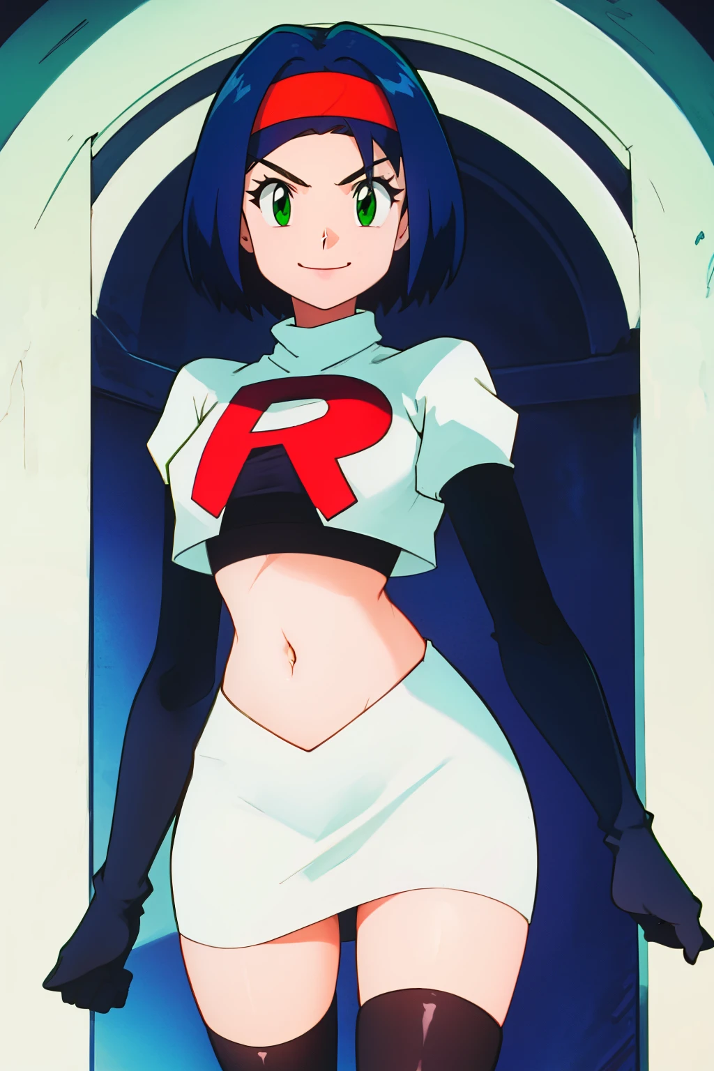 Erik, headband, short hair, green eyes, blue hair ,team rocket uniform, red letter R, white skirt,white crop top,black thigh-high boots, black elbow gloves, smile, looking at viewer, cowboy shot, 