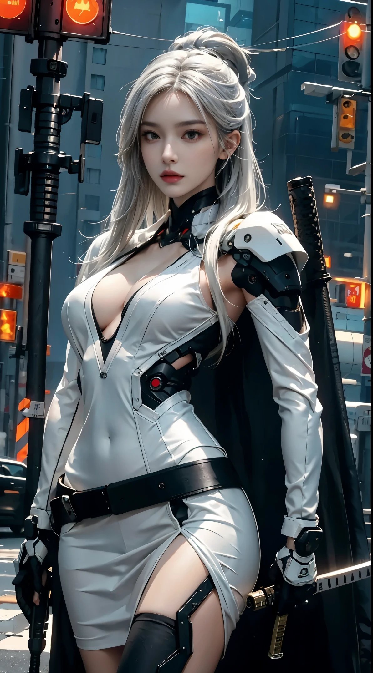 photorealistic, high resolution, soft light,1women, solo, hips up, (detailed face), white long hair, cybersamurai, cyborg at leg and arm, naked body, small breast, cyberpunk, holding weapon,glowing,gun, sniper, on the street