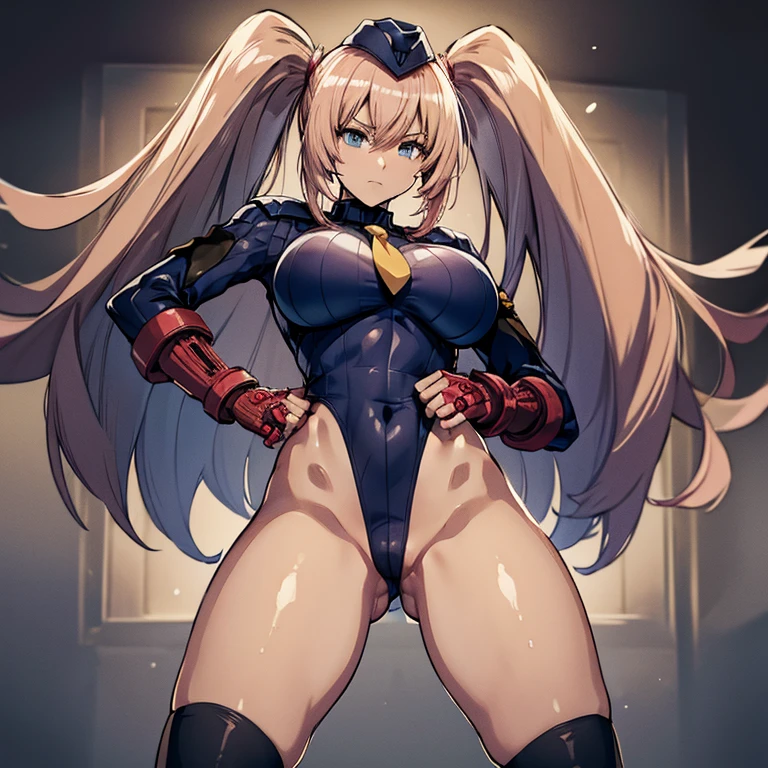 ultra-detailed, Explicit, Beautiful body, Beautiful Nose, Beautiful character design, perfect eyes, perfect face, ultra highres, 4K, beautiful legs, perfect legs, Nice hands, Perfect hand, Masterpiece, Best Quality, Highly detailed, illustration, absurdres, street fighter, doll suit, shadaloo doll, dollsuit, expressionless, blank eyes, looking at viewer, red gloves, emotionless, black latex, corrution, mind control, female combatant, full body, hypnotized, unhappy trance, full body suit, ribbed bodysuit, both arms at side, obey, perfect female body, extremely glossy latex, hypnosis, hypnoLora, empty eyes, Mind control device, poses, submissive_pose, Slave, hat, necktie, standing, standing up straight, Standing at attention, hat, yellow necktie, belt, latex, ribbed bodysuit, thighhighs, garter belt, Fighting Stance, extending the right arm from the shoulder into the air with a straightened hand, military, thigh boots, solo, Classroom of the Elite, Ichinose Honami, pink blonde hair, blue eyes, long hair, large breast