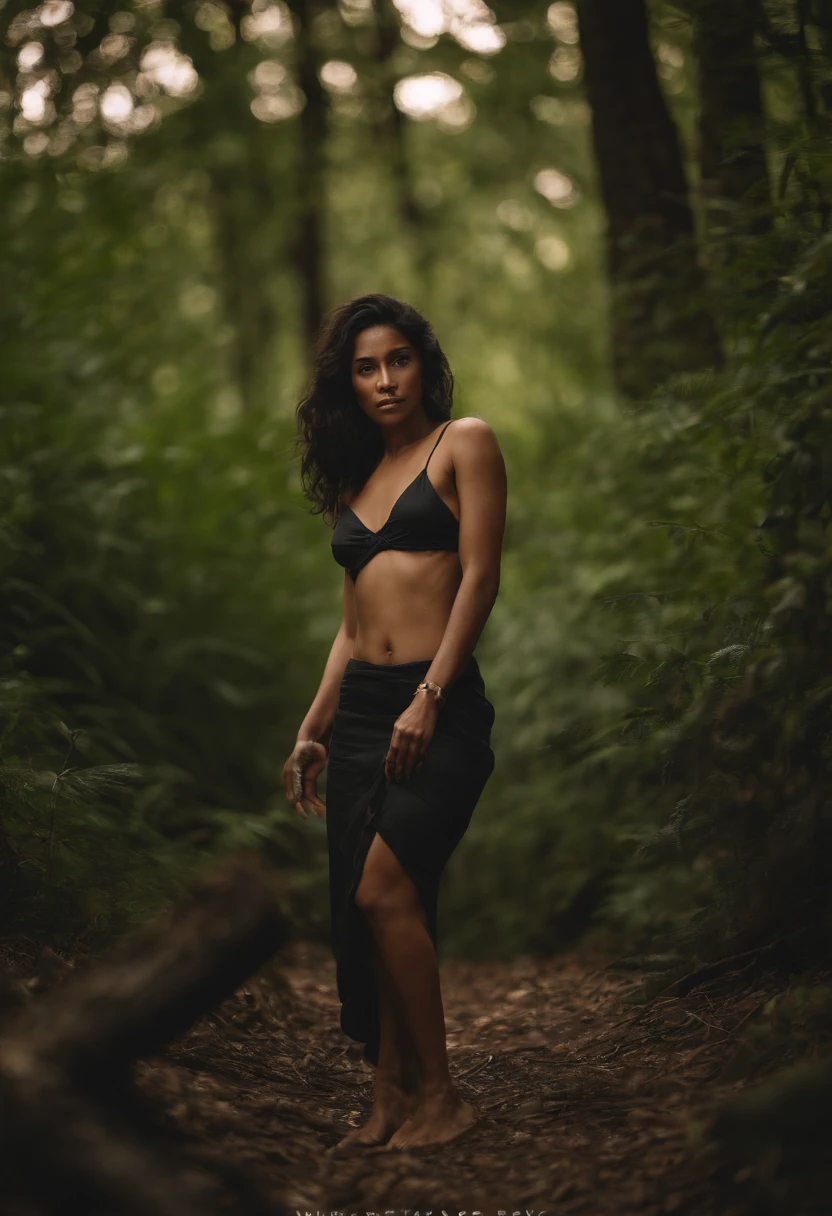 Naked philipina, black hair to hips, dark brown skin, skinny body, small tits, long legs, wrist bracelet, in forest