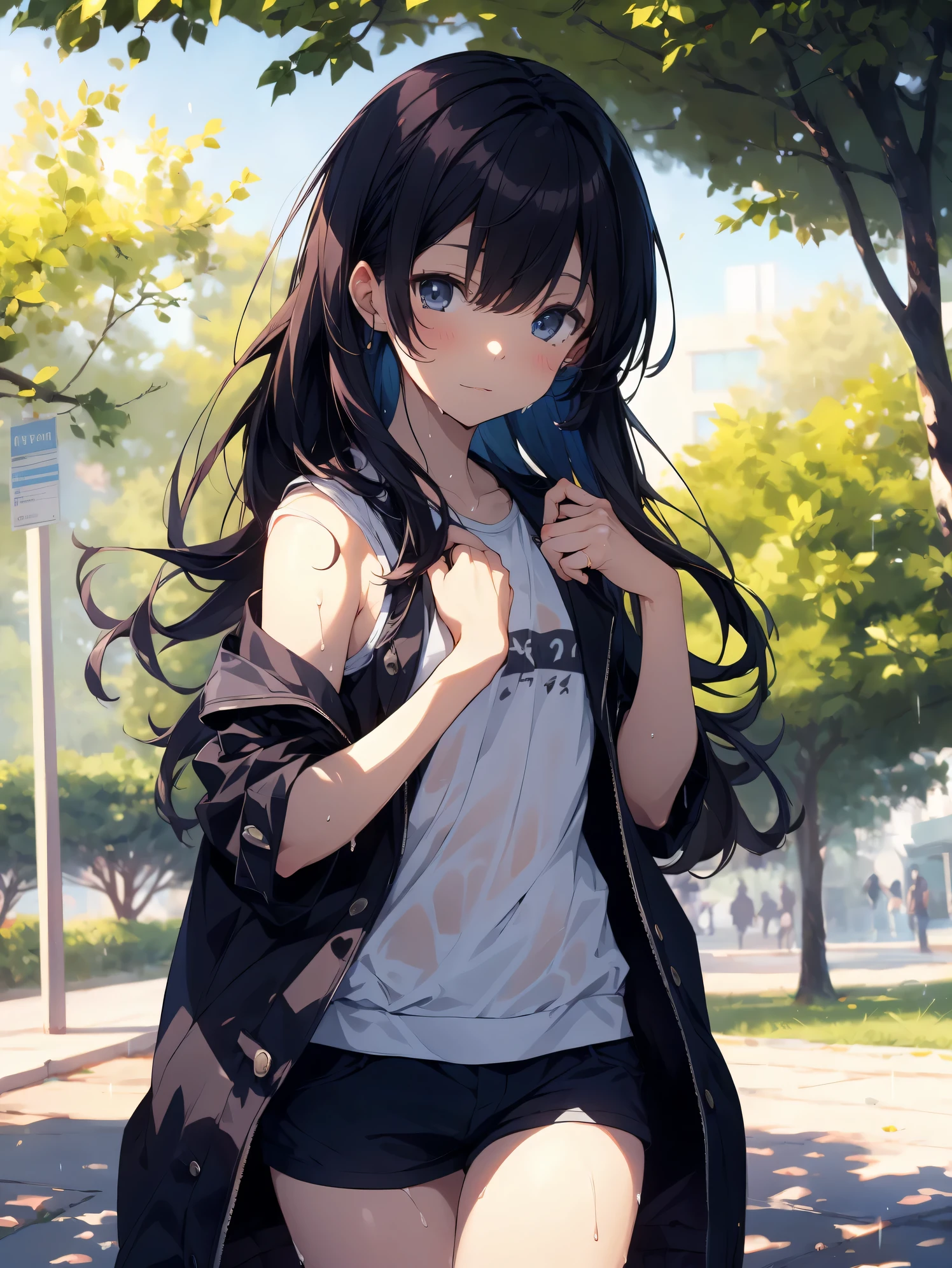 Anime girl with long black hair walking down the street - SeaArt AI