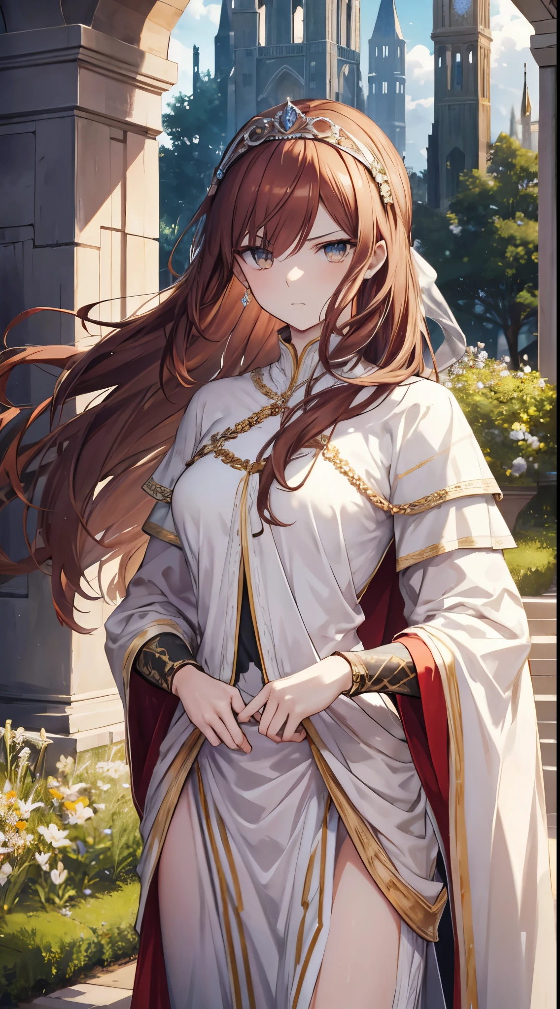 [[[masterpiece:1.2 ultra-detailed, best quality, soft skin, beautiful, 4K, high definition]]] portrait, auburn hair, amber eyes, long hair, slender body, tiara headband, serious expression, elegant, dignified, masterpiece, medieval royal traveling clothes, outside gardens