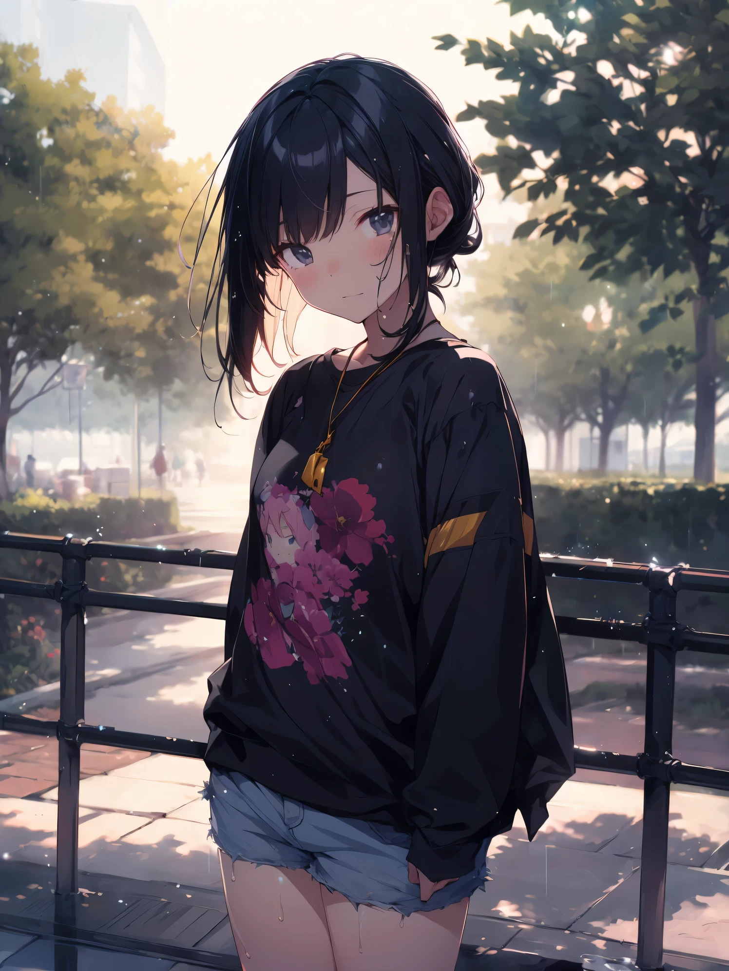 Super high quality by the art god, super detailed, High resolution, Shinkai Makoto style, anime moe art style, best anime 8k konachan wallpaper, pixiv contest winner, perfect anatomy,break,(NSFW,雨にWet透け感のある服を着た女の子の絵を描いてください, take shelter in the shade of a tree.),break,1 girl,Kawaioro, face,I'm 11 y),Middle school students, ponytail,All limbs,full finger,flat and soft chest, small ass, androgynous charm, small eyes,beautiful detailed black eyes,between legs,((see through tank top,shorts:1.2)),((Wet,I can see the nipples:1.5)), blush, Rain, in the park at night,break,super dense skin,shiny skin,Best lighting by famous artists, 8K,cute illustration.