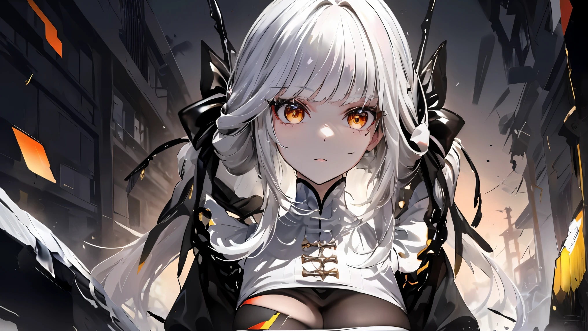 masterpiece, best quality) an woman with very long silver hair, neckline, black ribbons, neon leather, (profile picture), bodysuit, cold look, queen, good anatomy, correct proportions, torn clothes, queen, yellow eyes, serious, mysterious appearance, blood, emotionless, straight bangs, very long silver hair, evil, (yellow eyes), gothic, medium chest, ((show from chest to head)), cinematics, color oil painting, solo, cinematic lighting, extremely detailed face, finely detailed face, beautiful face, beautiful eyes, perfect lighting, depth of field, realistic proportions, good anatomy, ((((Obra maestra, La mejor calidad, ultrahigh resolution)))), 1girl, standing, 