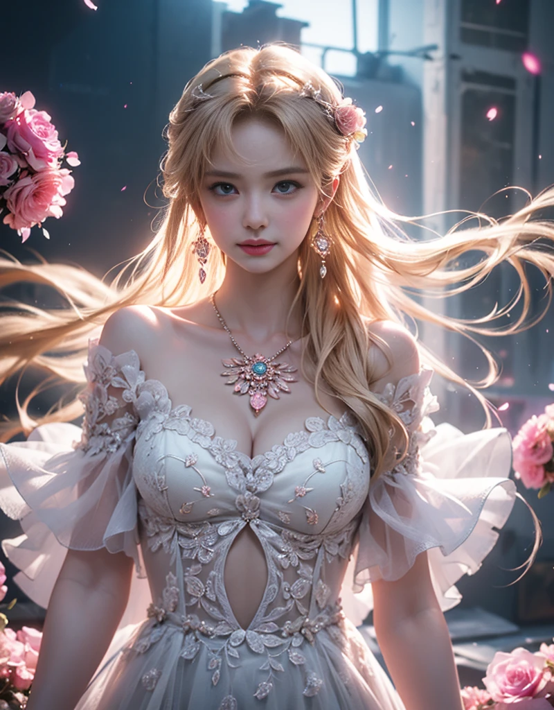 masterpiece，Highest image quality，Super detailest quality ,extremely delicate and beautiful, Very detailed,best quality, official art, Extremely detailed CG unified 8k wallpaper, portrait photo, The most beautiful look，Blonde hair, blue eyes，Radiant skin and radiant eyes, beautiful skin,(detailed lighting:1.2), (Beautiful and detailed light:1.3), deep understanding, beautiful nude color, complex, digital painting, Smooth, sharp focus, end of the world, epic reality,looking at camera， (high dynamic range:1.4),face camera， (pastel colors:1.4), beautiful big breasts，end of the world的, give up, neutral color, night, screen space refraction, (intricate details, Super detailed:1.3), art station, movie shot, vignette, complex background, buliding，charming smile，Blushed，Shy，detailed background，（Various colors of dream catcher earrings missing color，Color is black，White，pink，Purple，red，blue，orange color，green，blue，，），sexy and sultry，（exposed，camel toe，comb neatly，），The sexiest look，Crystal Pink Diamond Venetian Sunset Rose Transparent Dress，Ultra thin，translucent，lace，hollowed out，（Off-the-shoulder, wide-cut crystal pink diamond transparent hollow wedding dress:1.6), pink大开胸lace镂空洛丽塔，red大开胸lace镂空洛丽塔，