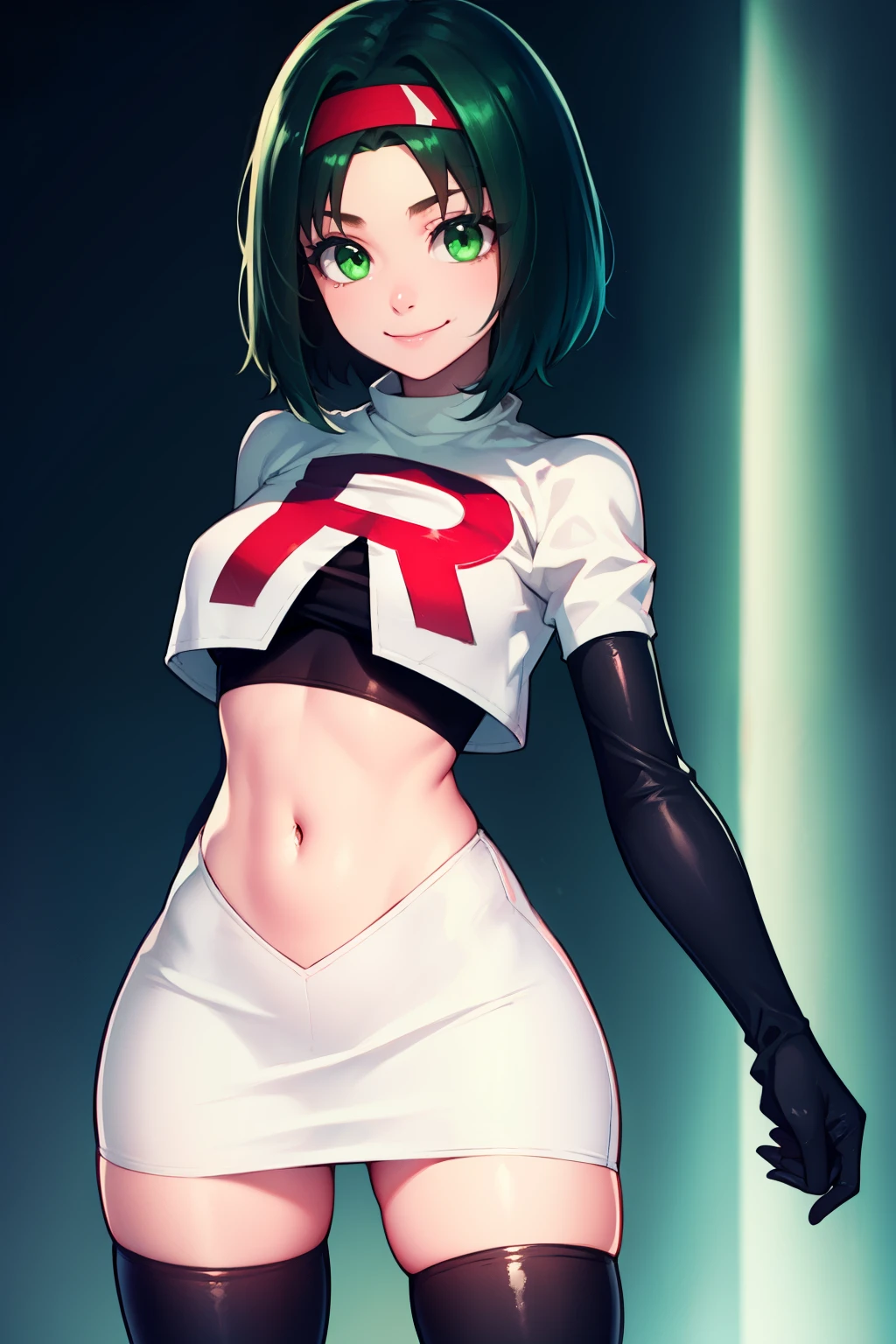 Erik, headband, short hair, green eyes, teal hair ,team rocket uniform, red letter R, white skirt,white crop top,black thigh-high boots, black elbow gloves, smile, looking at viewer, cowboy shot, 