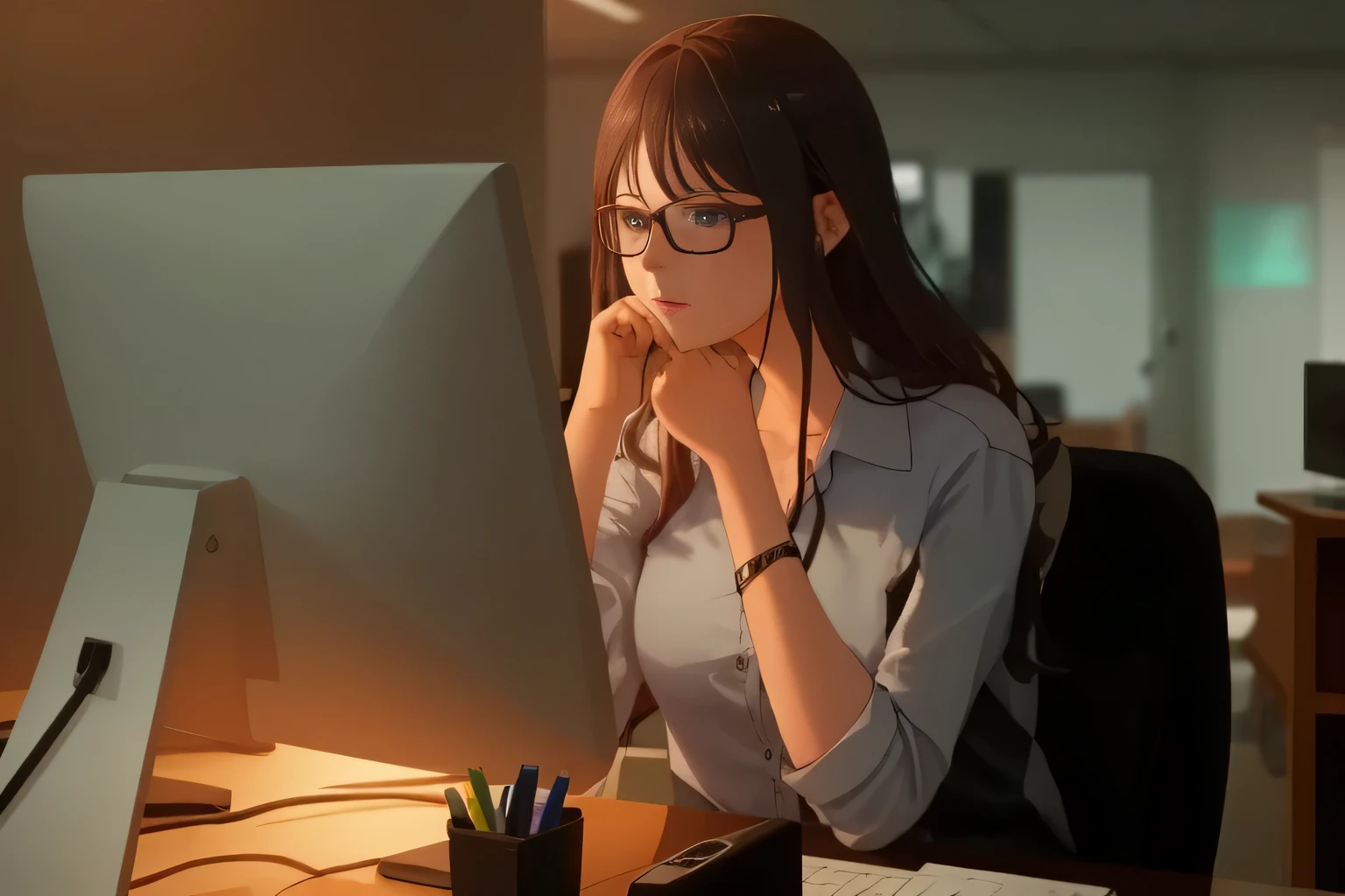 Woman wearing glasses sitting at desk,Equipped with computer and monitor, in front of computer, 坐in front of computer, women are tired, looking at the monitor, Pixel, bad light, 坐in front of computer, stress and burnout, depressed, 坐in front of computer desk, blinds, Worry, low lighting