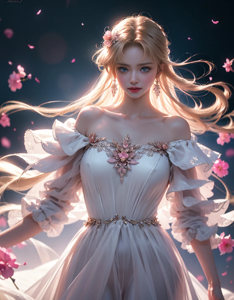 masterpiece，Highest image quality，Super detailest quality ,extremely delicate and beautiful, Very detailed,best quality, official art, Extremely detailed CG unified 8k wallpaper, portrait photo, The most beautiful look，Blonde hair, blue eyes，Radiant skin and radiant eyes, beautiful skin,(detailed lighting:1.2), (Beautiful and detailed light:1.3), deep understanding, beautiful nude color, complex, digital painting, Smooth, sharp focus, end of the world, epic reality,looking at camera， (high dynamic range:1.4),face camera， (pastel colors:1.4), beautiful big breasts，end of the world的, give up, neutral color, night, screen space refraction, (intricate details, Super detailed:1.3), art station, movie shot, vignette, complex background, buliding，charming smile，Blushed，Shy，detailed background，（Various colors of dream catcher earrings missing color，Color is black，White，pink，Purple，red，blue，orange color，green，blue，，），sexy and sultry，（exposed，camel toe，comb neatly，），The sexiest look，Crystal Pink Diamond Venetian Sunset Rose Transparent Dress，Ultra thin，translucent，lace，hollowed out，（Off-the-shoulder, wide-cut crystal pink diamond transparent hollow wedding dress:1.6), pink大开胸lace镂空黑色洛丽塔，red大开胸lace镂空red洛丽塔，