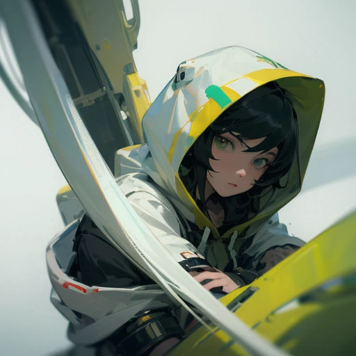 ((best quality)), ((masterpiece)), (detailed), perfect face((best quality))、((muste piece))、high resolution、Anime boy with black hair and green eyes looking at the camera、calm black hair、Almost no orange hair、A strong impression of a boy、black hair short、The age is16age、wearing white and green futuristic hoodie