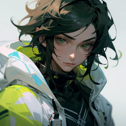 ((best quality)), ((masterpiece)), (detailed), perfect face((best quality))、((muste piece))、high resolution、Anime boy with black hair and green eyes looking at the camera、calm black hair、Almost no orange hair、A strong impression of a boy、black hair short、The age is16age、wearing white and green futuristic hoodie
