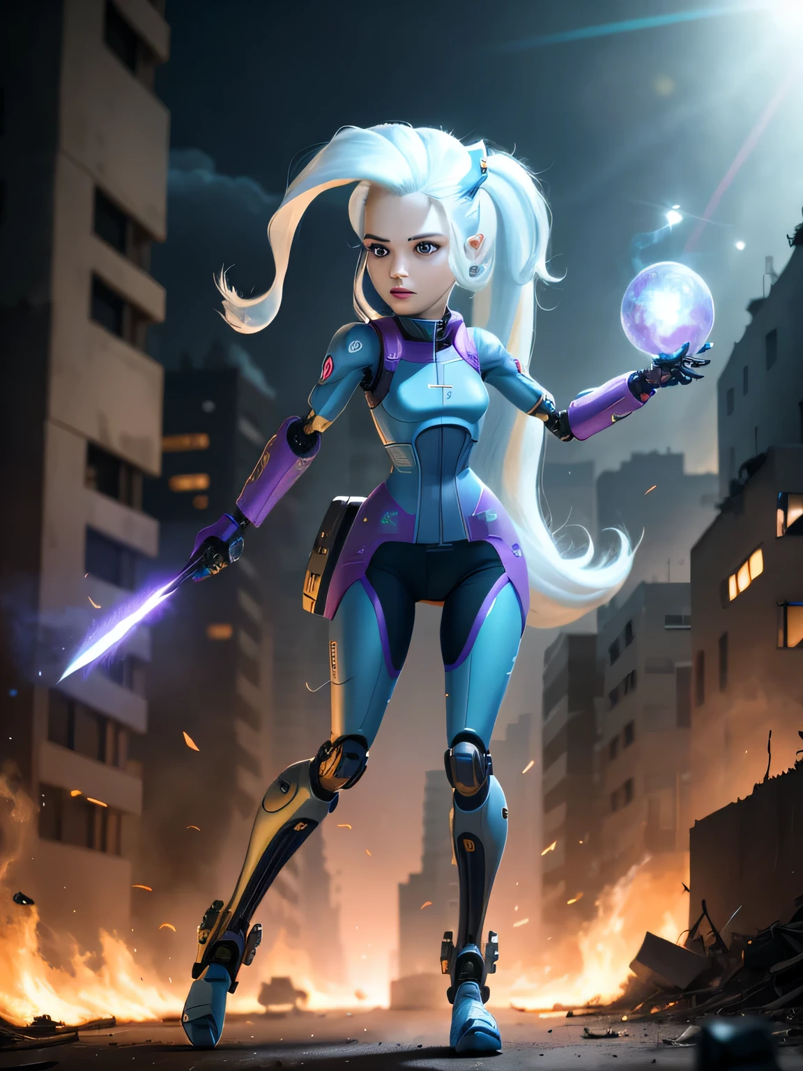 Trixie, Trixie from My Little Pony, Trixie as a Girl, Bioorganism, not human, Mechanical parts, straight hair, exuberant hair, hairlong, blue hair, Bionic body parts, Missing skin, Completely cyborg, Cybernetic organism, Mechanical arms, Mechanical legs, violet, amy rose, (reelmech:1.5),fighting , glowing eyes, short hair,torn tight supersuit, in a destroyed city, smoke and fire, glowing power aura, dynamic pose, dynamic view, full body