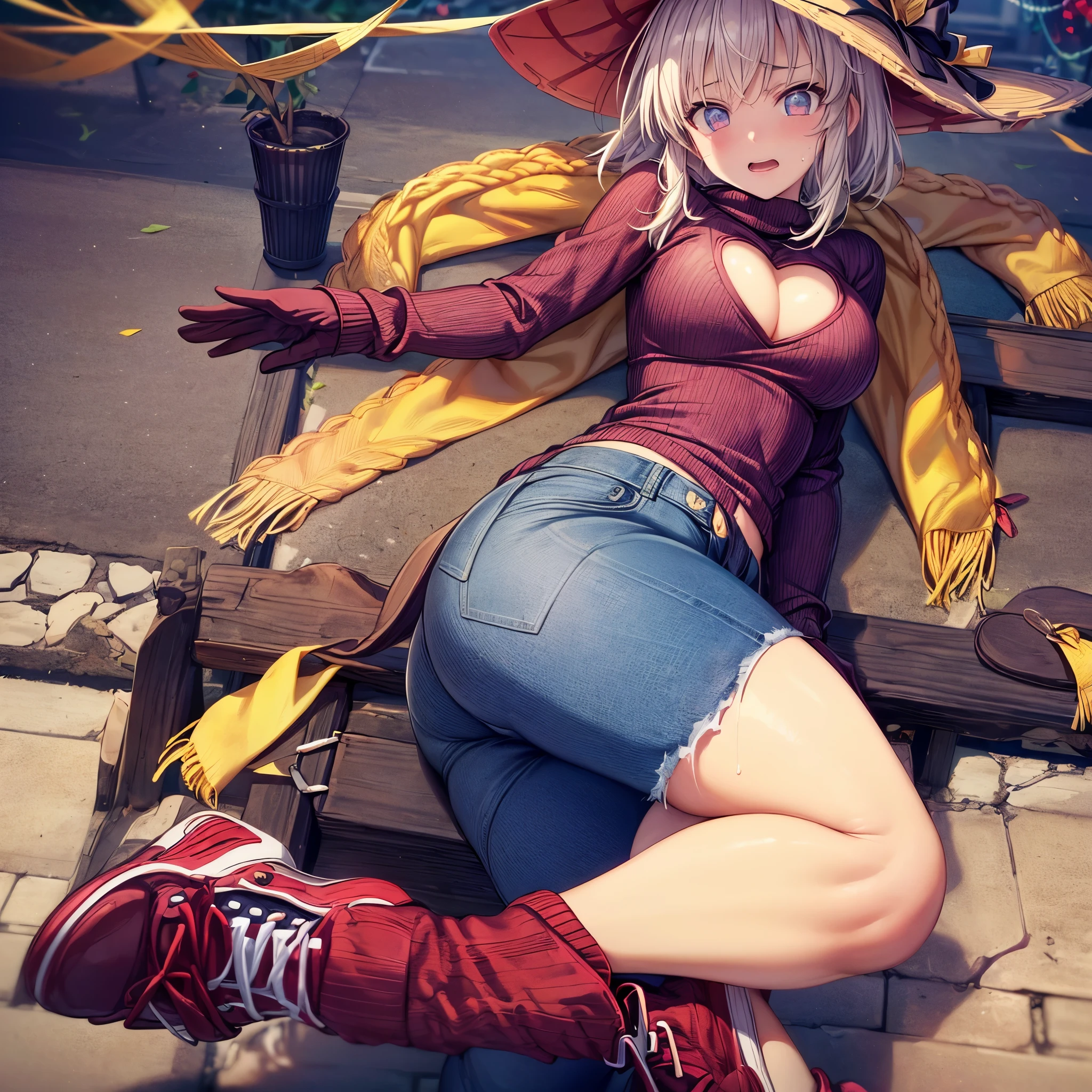 best quality, 4K, 8K, masterpiece, oil paint style, ((1 girl)), big breasts (K cup), big ass, hibari (senran kagura), (mini jacket with covered shoulders in New Year's style, wool sweater in New Year's style (woman, tight), sweater with one very small heart-shaped cutout on the chest (breast visible), wool scarf, New Year's style wide witch hat, red mittens, skinny jeans partially torn, woman red sneakers), little surprised facial expression, in sweat, street (New Year's decoration), in front of viewer, full subject in shot
