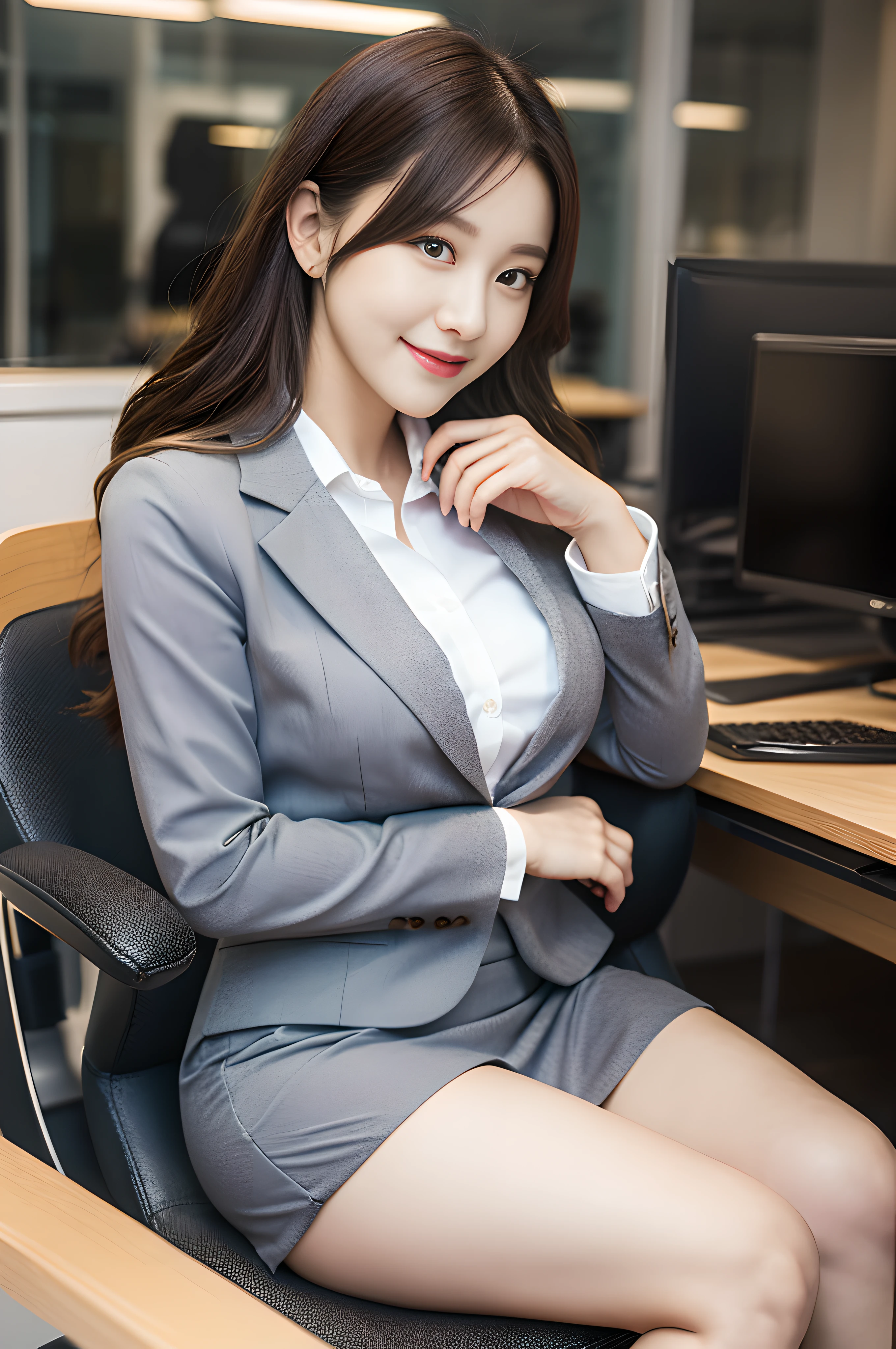 best quality:1.5, ultra high-resolution:1.5, photo-realistic:1.5, ultra detailed:1.5, RAW photo:1.5, 8k resolution, HDR, hyper realistic, lifelike texture, perfect face, perfect body, Beautiful fingers, perfect hands, nice hands, Beautiful foots, Beautiful legs, Beautiful thighs, Beautiful tiptoes, detailed skin, solo, 1girl, 25 years old, Raise a smile, Looking at viewer:2, Full body, Various hairstyle, Dramatic angle, Indoor, In the Office, Tight skirt business suit, Sitting office chair