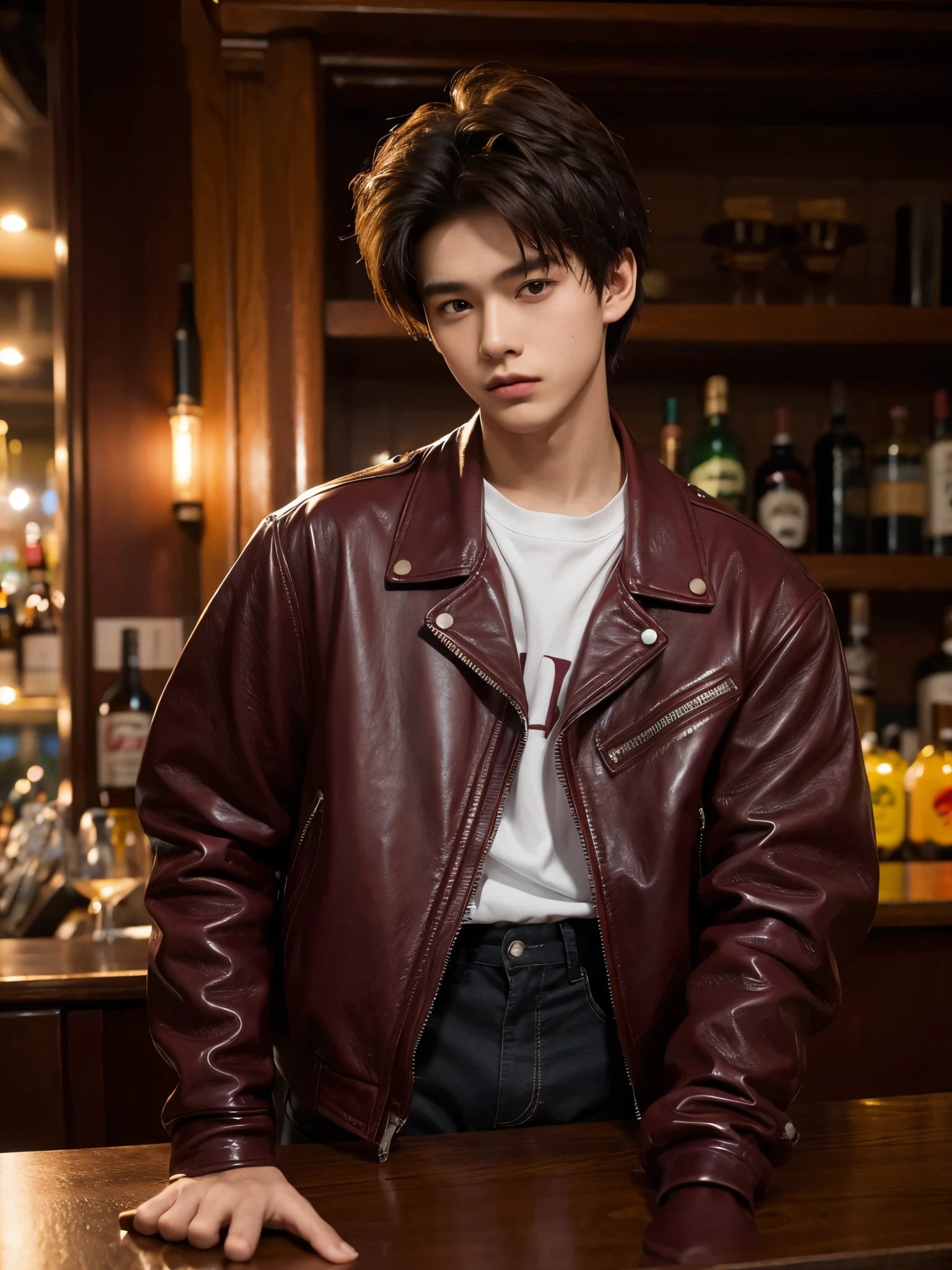boy, y.o, comma hair, (maroon) leather jacket, night, street, front bar