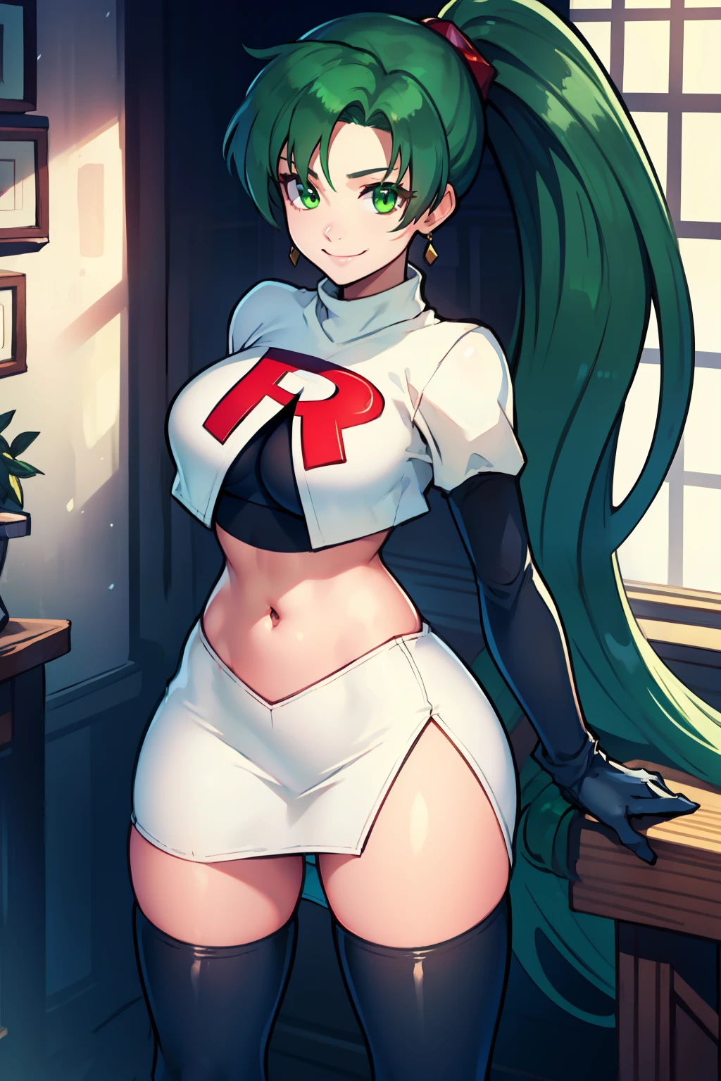 lyn, ponytail, green eyes, green hair ,team rocket uniform, red letter R, white skirt,white crop top,black thigh-high boots, black elbow gloves, evil smile, looking at viewer, cowboy shot, 