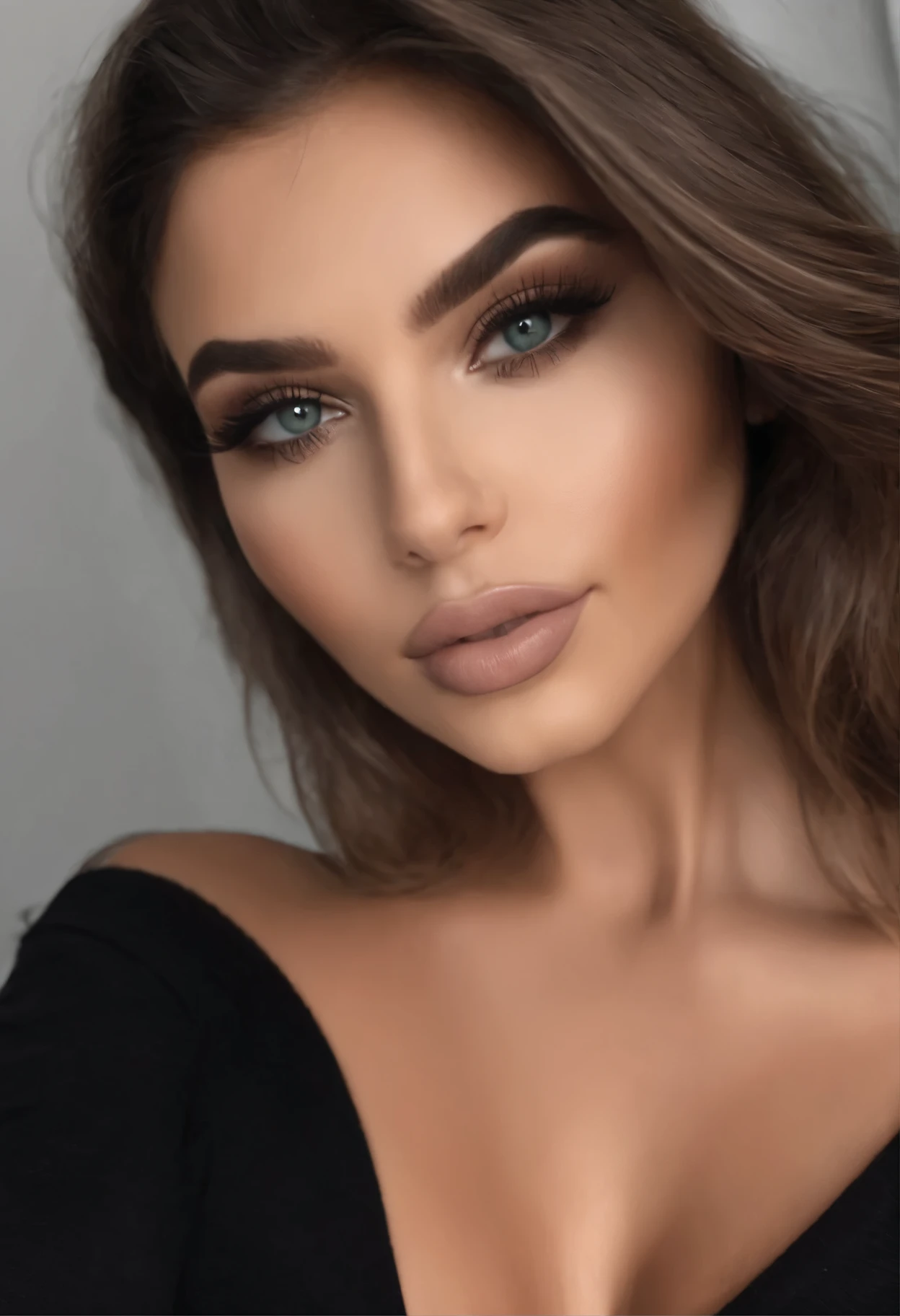 Arafed Mujer totalmente , con ojos verdes, ultra realista, Meticulosamente detallado, Retrato de Sophie Mudd, cabello rubio y ojos grandes, selfie de una mujer joven, ojos dormitorio, violeta myers, sin maquillaje, maquillaje natural, looking directly at the camera, cara con artgram, maquillaje sutil, Impresionante foto de cuerpo completo arrodillado en la cama, En el dormitorio, Large bust