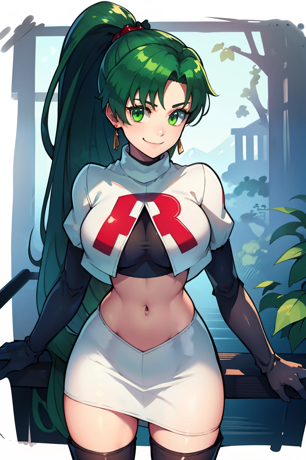 lyn, ponytail, green eyes, green hair ,team rocket uniform, red letter R, white skirt,white crop top,black thigh-high boots, black elbow gloves, evil smile, looking at viewer, cowboy shot, 