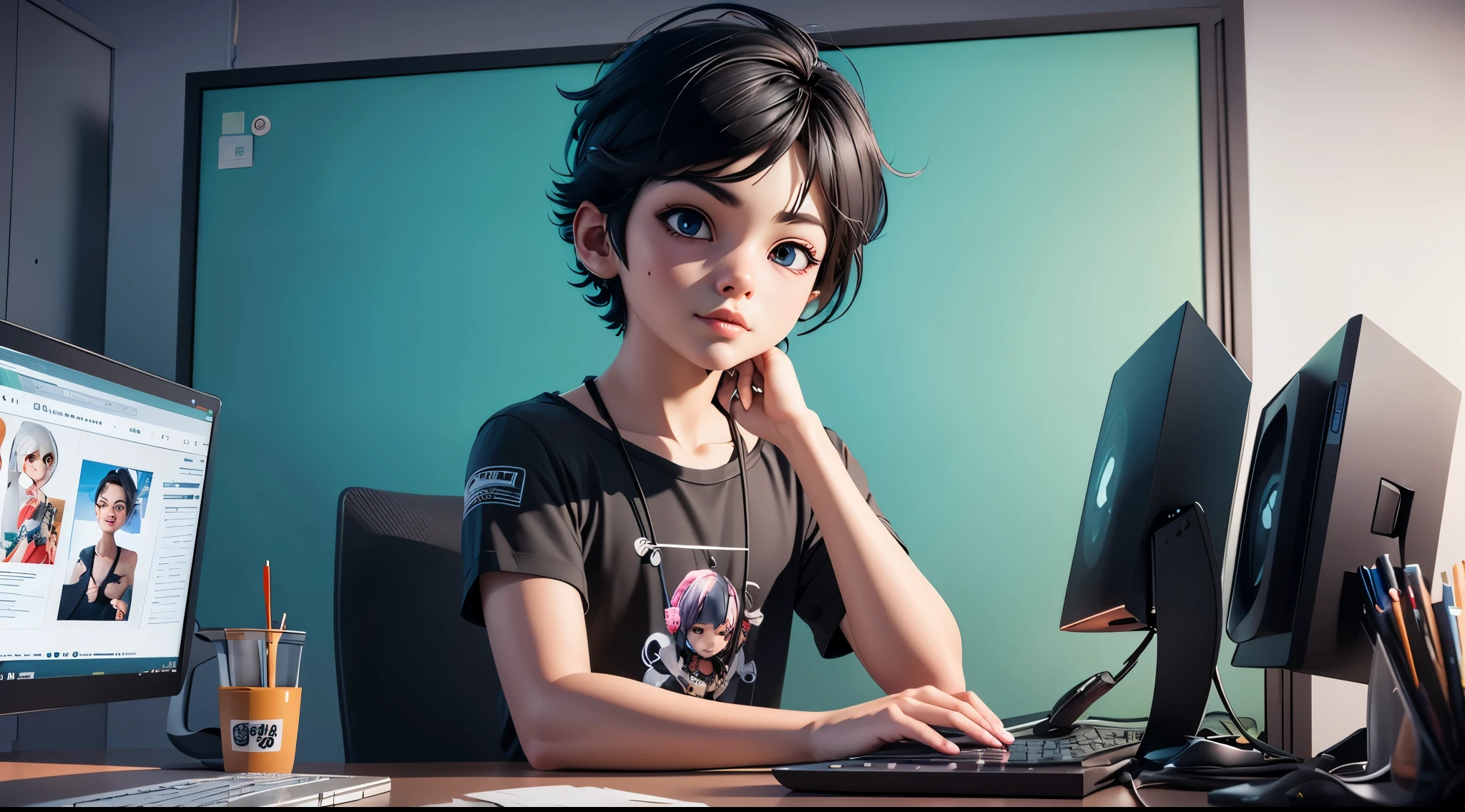 {boy},extra very short hair,glitch,black hair,boylack hair,in office,sitting,designer operating computer,Role,little designer,C4D rendering,OC style rendering,IP,Lovely 3D rendering,Look up,portrait anime,Lovely 3D rendering,Detailed digital art,Stylized 3D rendering,3D rendering art 8k,cute digital painting,Anime style 3D,Ultra-detailed rendering