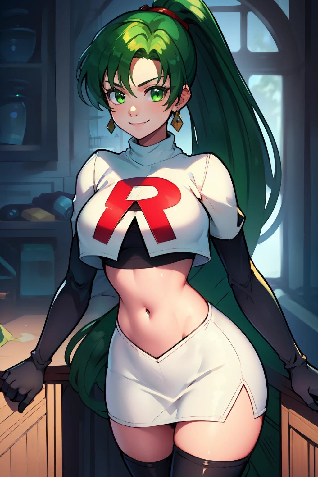 lyn, ponytail, green eyes, green hair ,team rocket uniform, red letter R, white skirt,white crop top,black thigh-high boots, black elbow gloves, evil smile, looking at viewer, cowboy shot, 