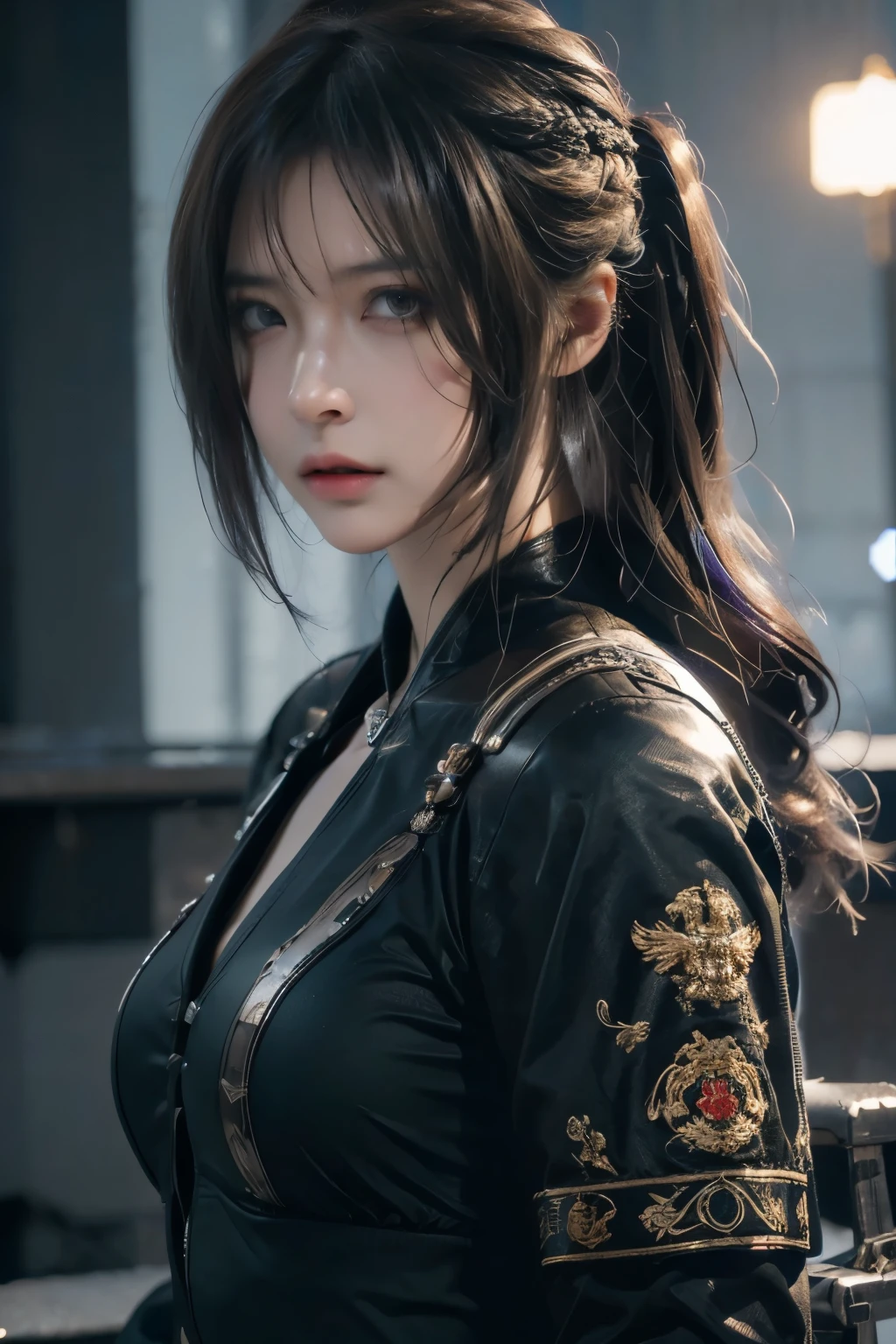 Masterpiece，The best qualities，Very high resolution，8K，((Portrait))，((Head close-up))，Original photo，real photo，数码摄影， (A girl dressed in a combination of modern and technological style)，(Police officer)，22岁女孩，(Random hairstyles，Purple hair)，(The pupils of the eyes are purple)，(Lachrymal mole in the corner of the eye)，迷人的，优雅高贵，冷静，勇敢的，(Big breasts)，(Modern combat clothing，Joint Armor，Police uniform，Badge，Green clothes)，Pattern detail，( Special Forceemale soldier 拍照姿势，街道背景，Movie lights，Ray tracing，Game CG，((3D Unreal Engine))，oc渲染反射纹理