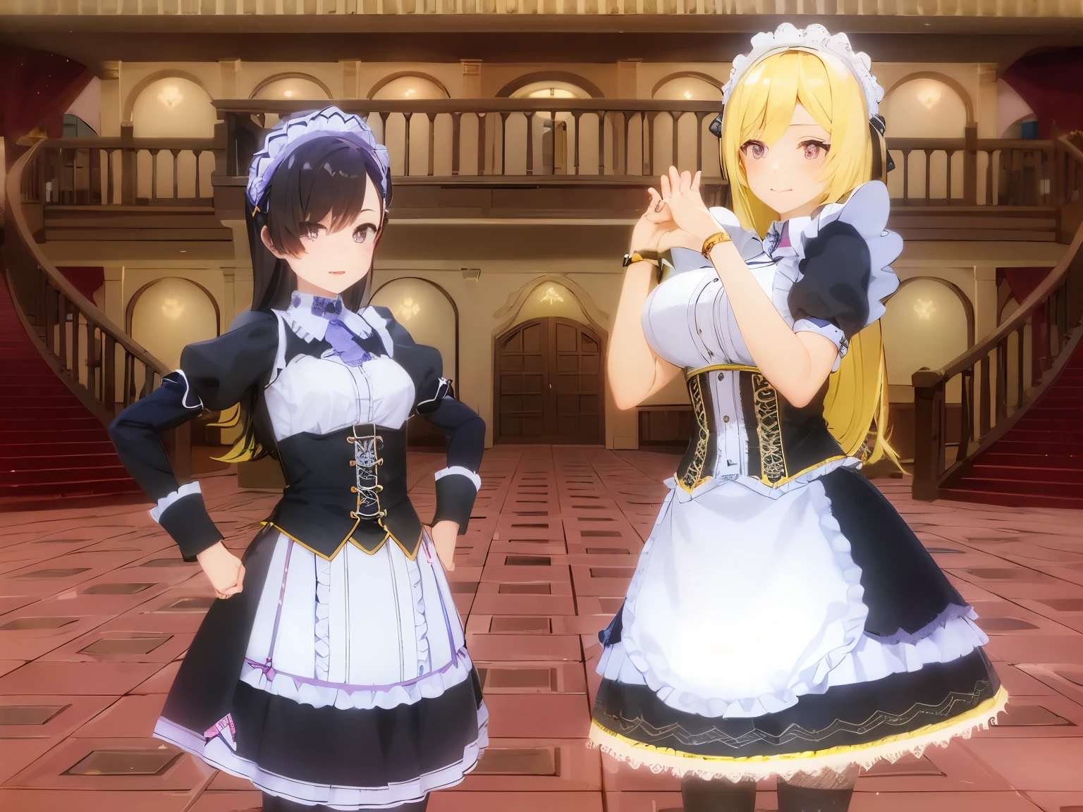 anime - style screenshot of two women in maid uniforms in a large hall, anime maids riding early tanks, maid outfit, hochangeve, anime girl in a maid costume, maid, hanayamata, japanese maid cafe, Idol Master, gorgeous maid, wearing maid uniform, maid dress, anime maid nazi ss military, change, visual novel CG, small curvy change