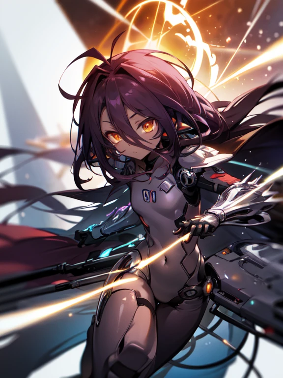 Masterpiece, Top quality, high resolution, highres, 8k, best quality, HD, , 1 male, shota, cute, innocent, ((dark skin)), orange eyes, otokonoko, dark brown hair long hair in a side-swept style smooth, wearing an a black fullbody bodysuit, exosuit armour parts, armoured exosuit baggy leggings, gauntlets, cute artstyle, stand still, close up, (Shuvi), (deus ex machina race), (no game no life), thicc thighs, wide waist, very long Jacket,