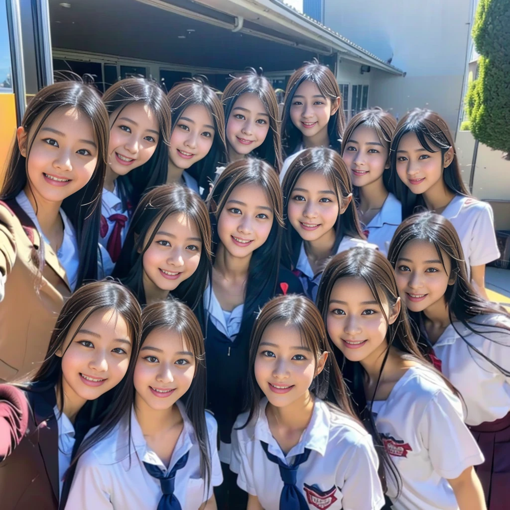 Raw photo、(((multiple girls))),((((6+girls)))),((((100girls)))),((((1000girls))))、((((100 Girls))))、women only、The same face、((matching school uniform))、((((Large group))))、************、Long black hair、100 cute high school girls on their way to school、smile、Commuting to school、School zone、In town、selfie、same person、high school student