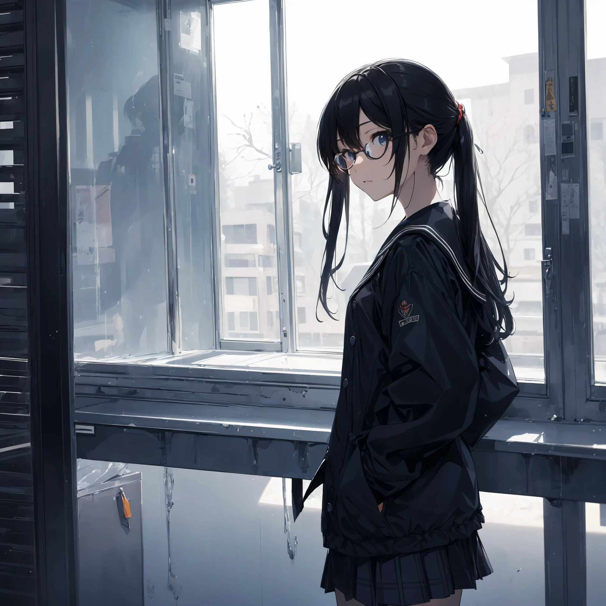 Super high quality by the art god, super detailed, High resolution, gwai's style, anime moe art style, best anime 8k konachan wallpaper, pixiv contest winner, perfect anatomy, break,(校舎をalone歩いている女の子の絵を描いてください.),break, surreal high school girl, (alone,change,:1.3),complete limbs, full finger,high school student, ((wearing glasses)), ponytail, soft medium breasts, Because I'm slender, small ass, between legs, small eyes,Detailed and beautiful black eyes, Well-proportioned iris and pupils, High resolutionの詳細な髪, ((sailor uniform)),Inside the school,break,super dense skin,Best lighting by famous artists, 8K,illustration.