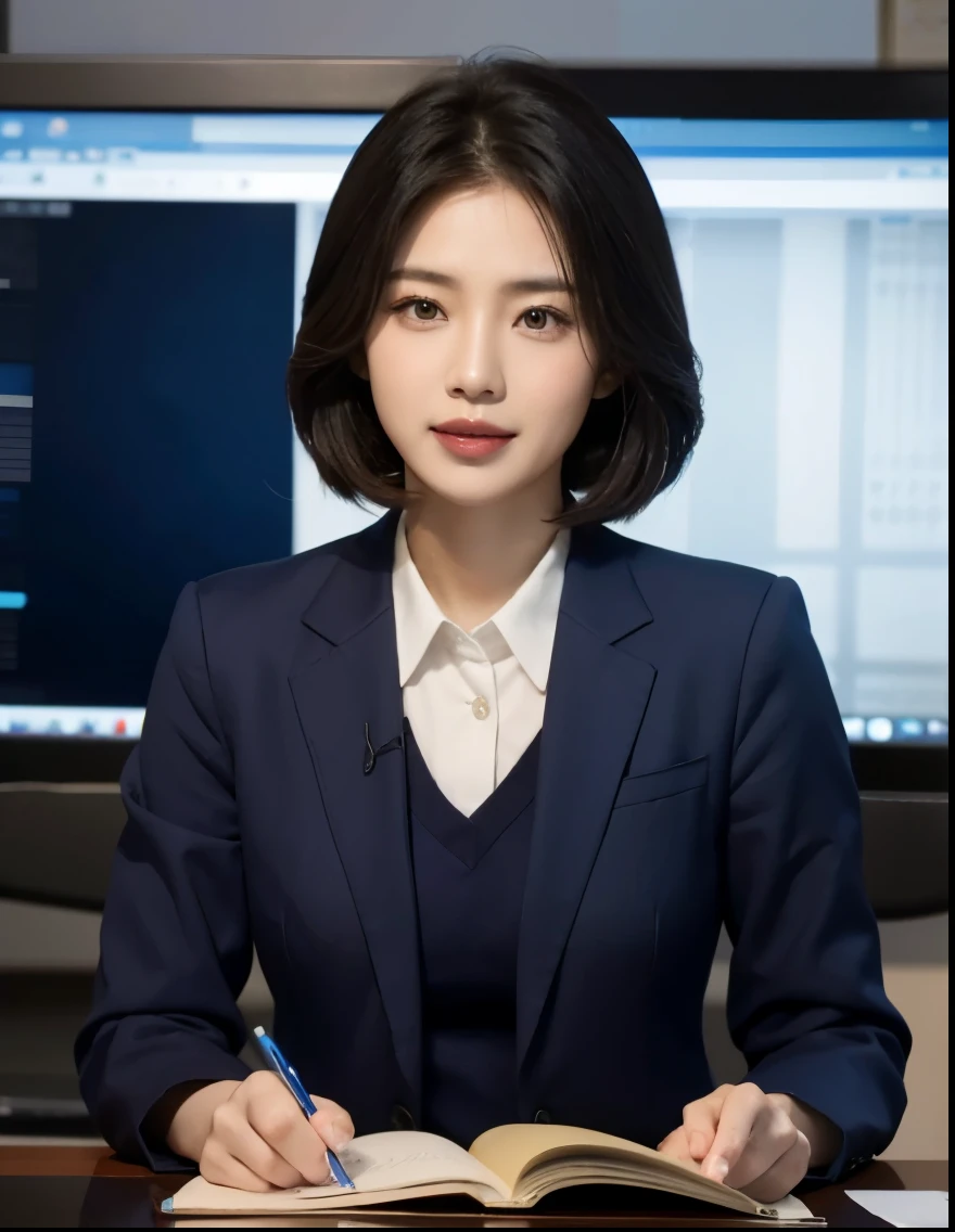 Fed Asian woman in blue suit sitting at desk, news broadcast, news clips, Smile,high quality news clips, News report, evening news program, television news, xianxia, pengzhen zhang, jinyiwei, girl, news clips, xintong chen, mingchen shen, xiaofan zhang, xiaolong wang, xue han