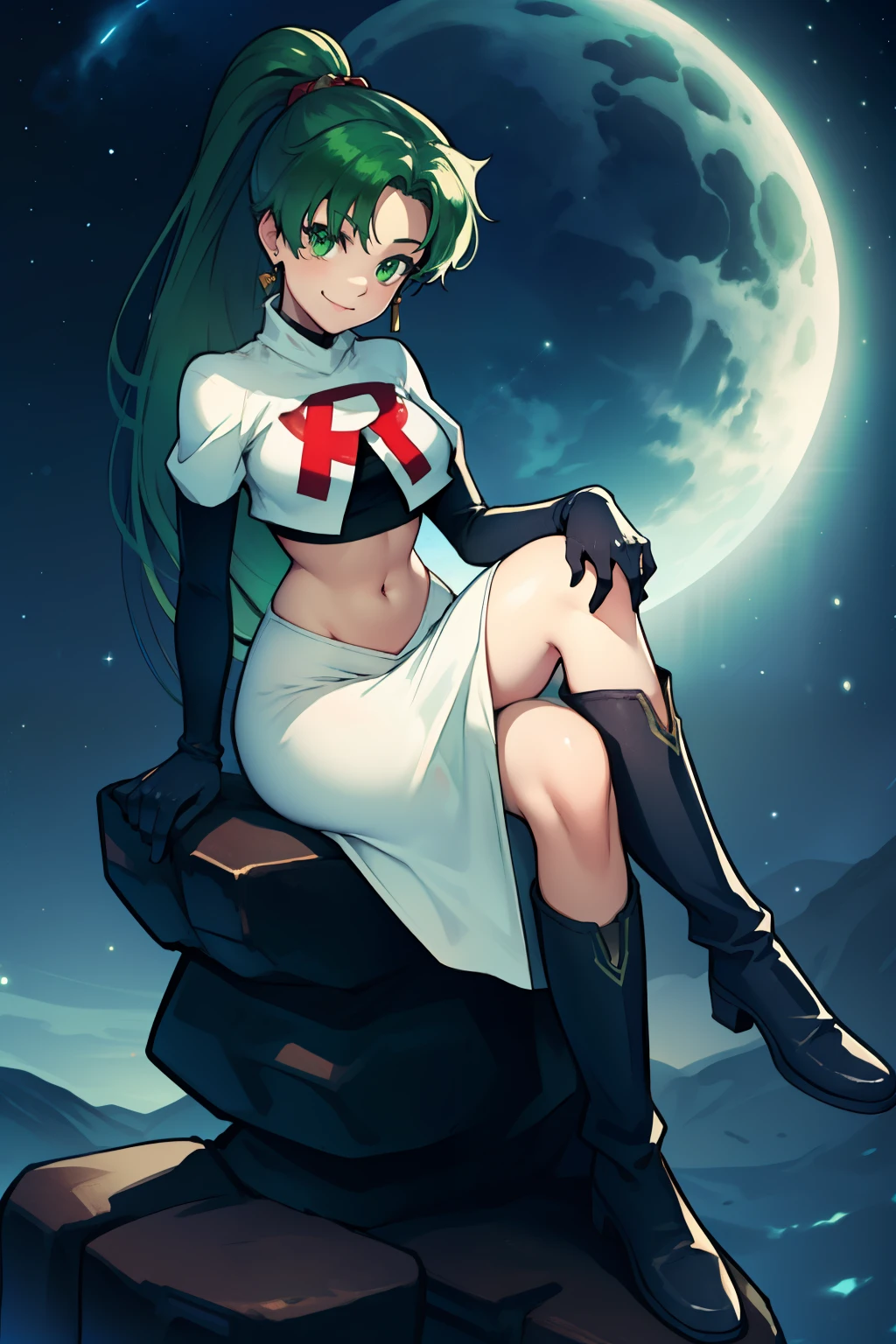 lyn, ponytail, green eyes, green hair ,team rocket uniform, red letter R, white skirt,white crop top,black thigh-high boots, black elbow gloves, evil smile, looking at viewer, cowboy shot, sitting down legs crossed, night sky background