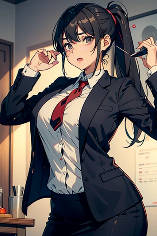 最好of质量, 成熟of女人, , 巨大of, very curvy, high ponytail, black eyes, 丰满of嘴唇, of, Principal uniform, black suit jacket, White button up, pencil skirt, 、nipple bump，open mouth, blush, Tongue rest, Sticking out tongue, saliva, Roll your eyes