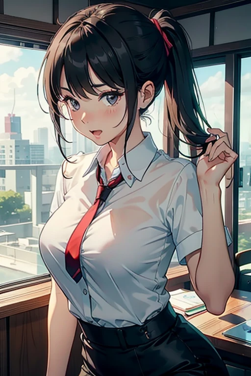 最好of质量, 成熟of女人, , 巨大of, very curvy, high ponytail, black eyes, 丰满of嘴唇, of, Principal uniform, black suit jacket, White button up, pencil skirt, 、nipple bump,open mouth, blush, Tongue rest, Sticking out tongue, saliva, Roll your eyes