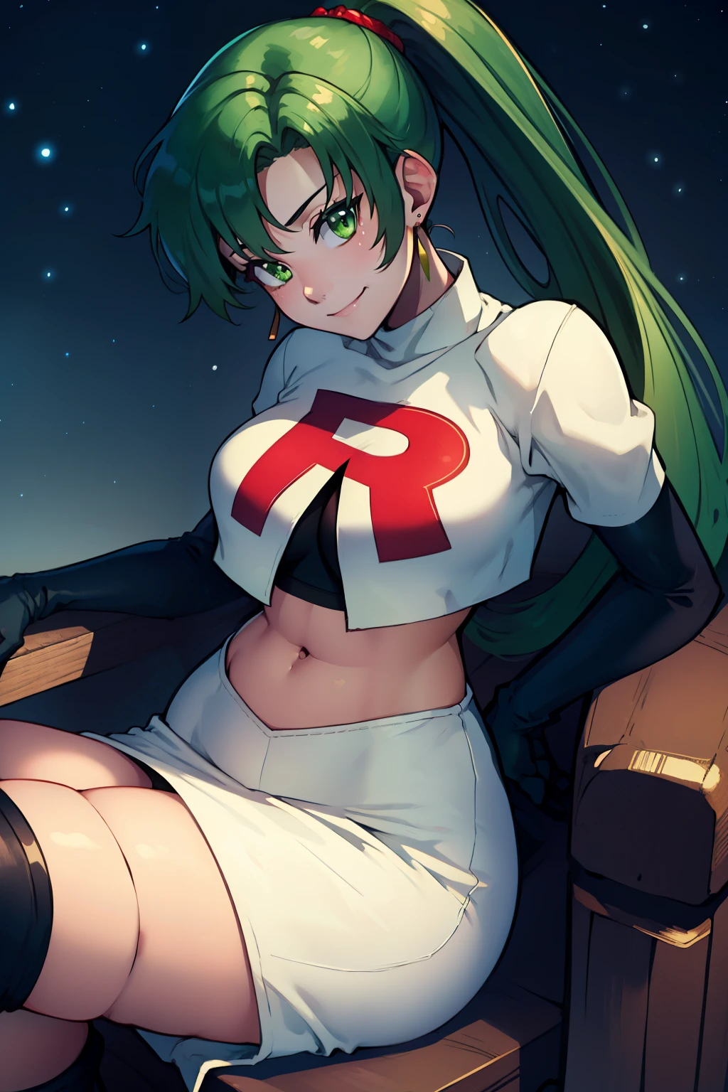 lyn, ponytail, green eyes, green hair ,team rocket uniform, red letter R, white skirt,white crop top,black thigh-high boots, black elbow gloves, evil smile, looking at viewer, cowboy shot, sitting down legs crossed, night sky background