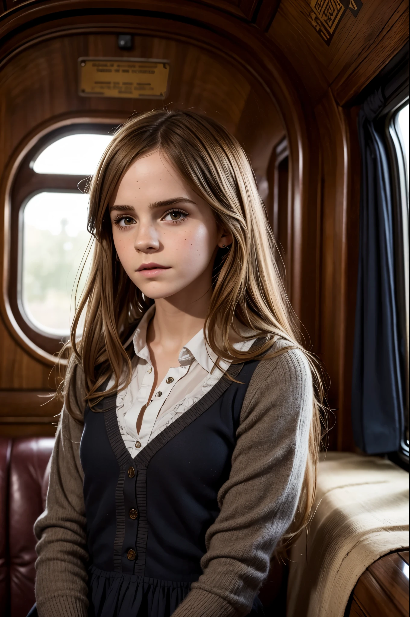 real girl，Emma Watson,  (Emma Watson) as Hermione Granger (Hermione Granger) witch, Standing inside the magic train，bust