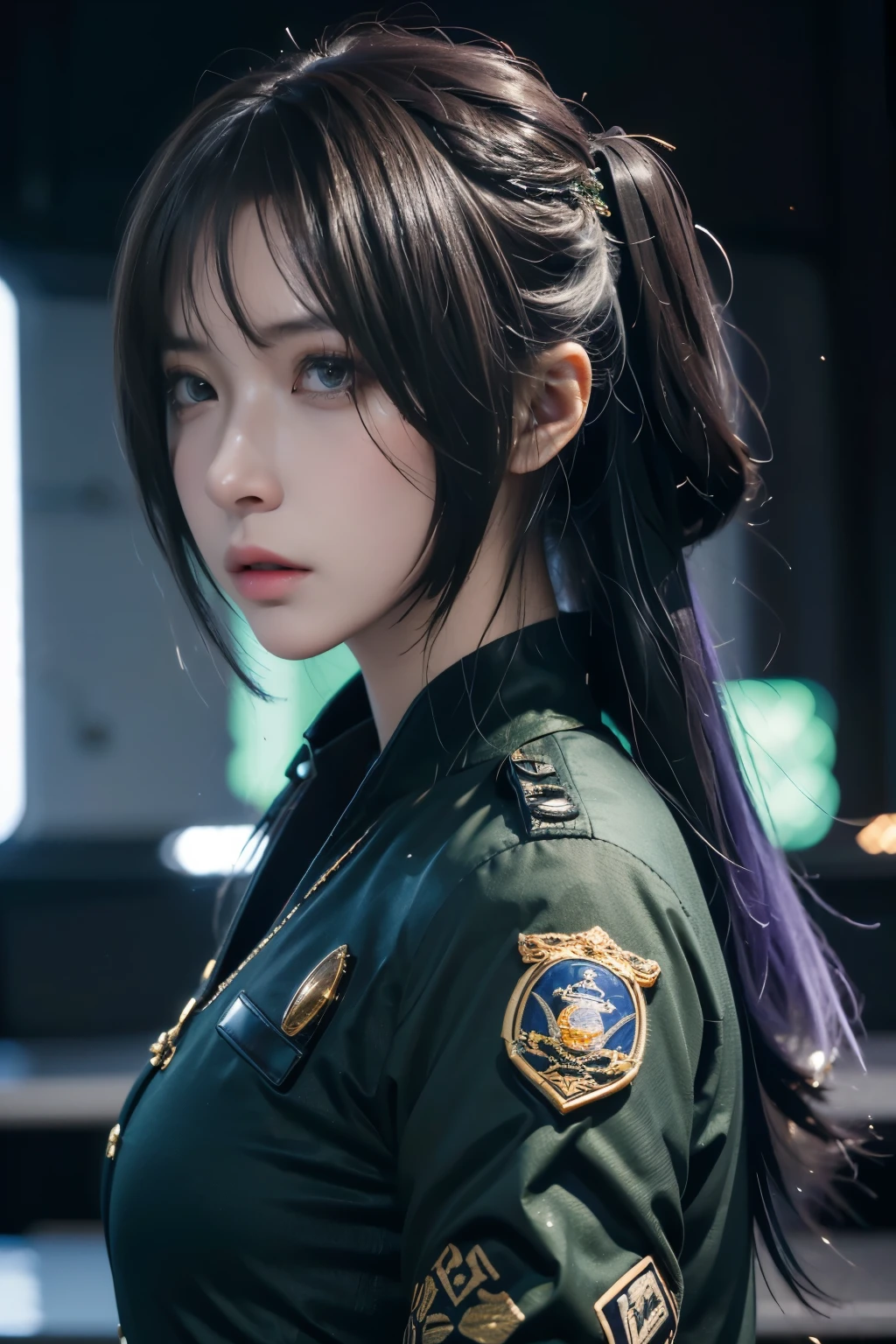 Masterpiece，The best qualities，Very high resolution，8K，((Portrait))，((Head close-up))，Original photo，real photo，数码摄影， (A girl dressed in a combination of modern and technological style)，(Police officer)，22岁女孩，(Random hairstyles，Purple hair)，(The pupils of the eyes are purple)，(Lachrymal mole in the corner of the eye)，迷人的，优雅高贵，冷静，严肃的，(Big breasts)，(Modern combat clothing，Joint Armor，Police uniform，Badge，Green clothes)，Pattern detail，( Special Forceemale soldier 拍照姿势，街道背景，Movie lights，Ray tracing，Game CG，((3D Unreal Engine))，oc渲染反射纹理