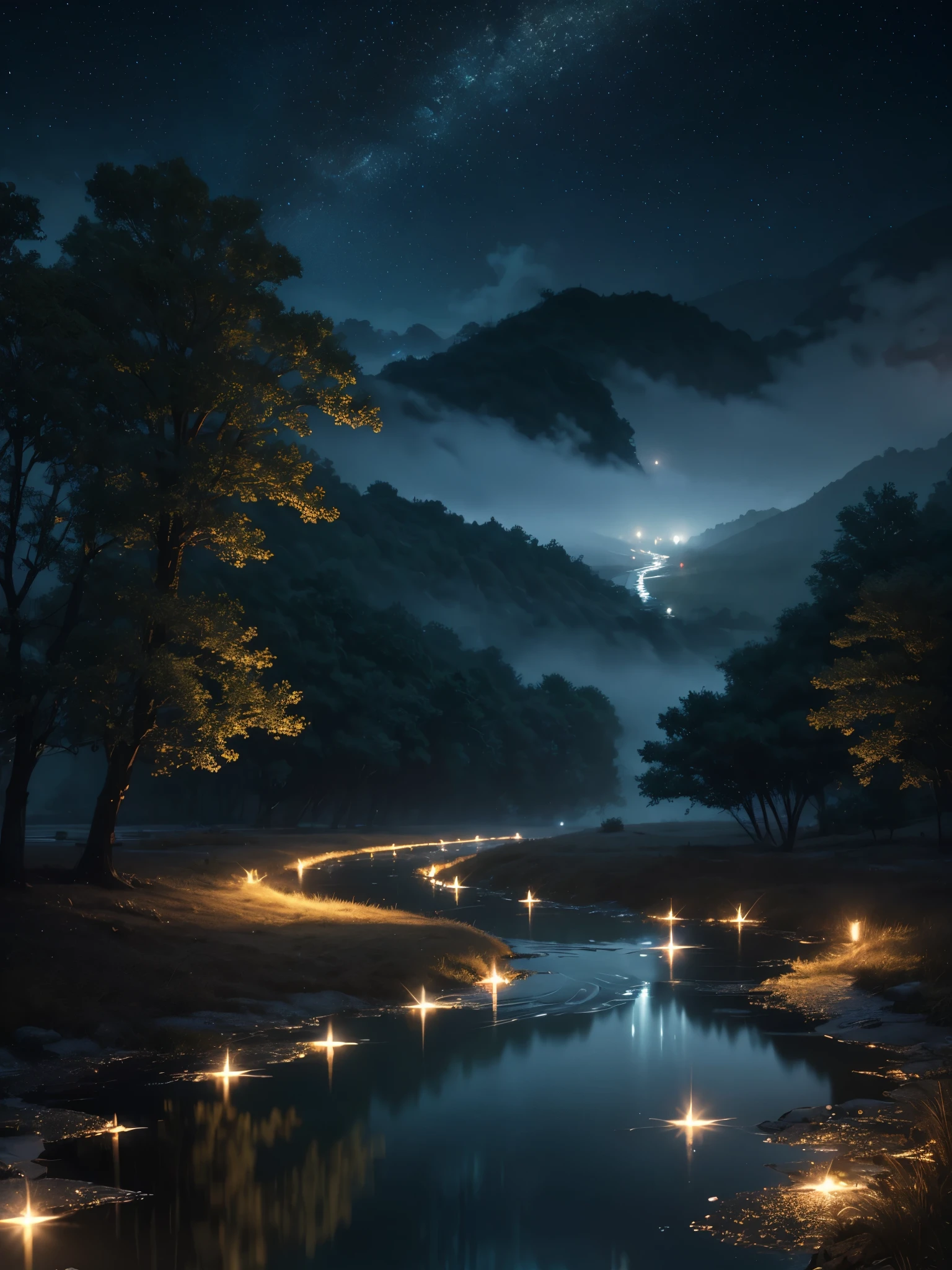 masterpiece, best quality, high detail, ((background)) , milk-river, stars rain, anime style, realistic, foggy around, cinematic lighting, depth of field, glowing light, ray tracing, reflection light, vignetting, ((wide shot)), masterpiece