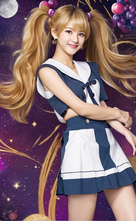 (alone, 1 girl), (disorganized, ,High resolution, formula wallpaper, poster), (masterpiece, highest quality:1.2), (illustration, realistic), (perfect details, best details, very detailed), dramatic light, Tsukino Usagi, (Sailor Moon, blonde hair, twin tails, circlet, jewelry, crescent moon earrings),(skirt, one piece, highest thigh, grapes, full moon, starry sky), (blush, enchanting smile, Are standing)､expose one&#39;s underwear to seduce