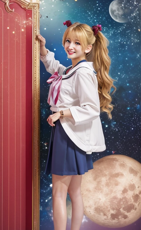(alone, 1 girl), (disorganized, ,High resolution, formula wallpaper, poster), (masterpiece, highest quality:1.2), (illustration, realistic), (perfect details, best details, very detailed), dramatic light, Tsukino Usagi, (Sailor Moon, blonde hair, twin tails, circlet, jewelry, crescent moon earrings),(skirt, one piece, highest thigh, grapes, full moon, starry sky), (blush, enchanting smile, Are standing)、expose one's underwear to seduce