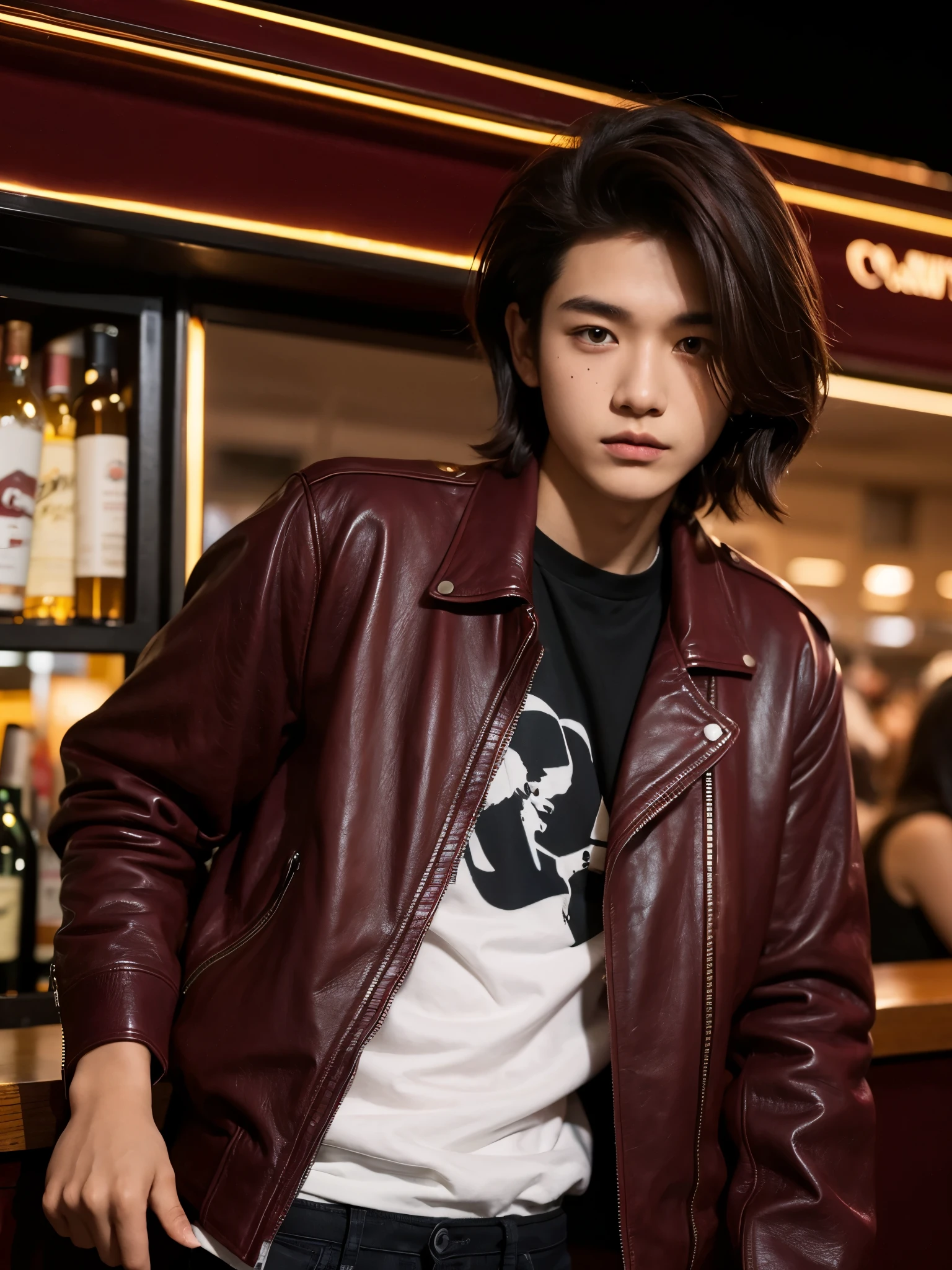 boy, y.o, comma hair, (maroon) leather jacket, night, street, front bar